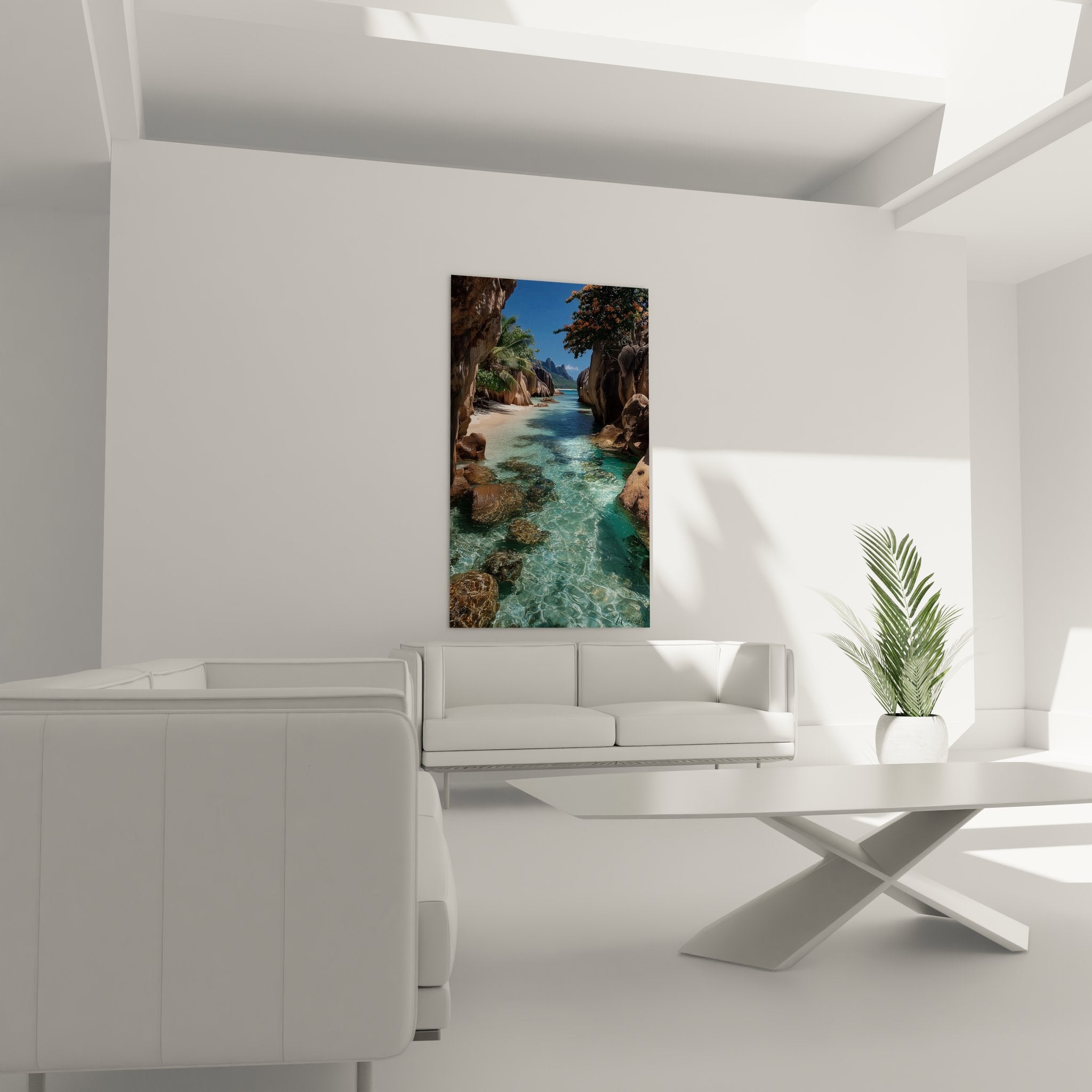 Détail tableau lagon tropical montrant transparence eau turquoise et reflets sur rochers