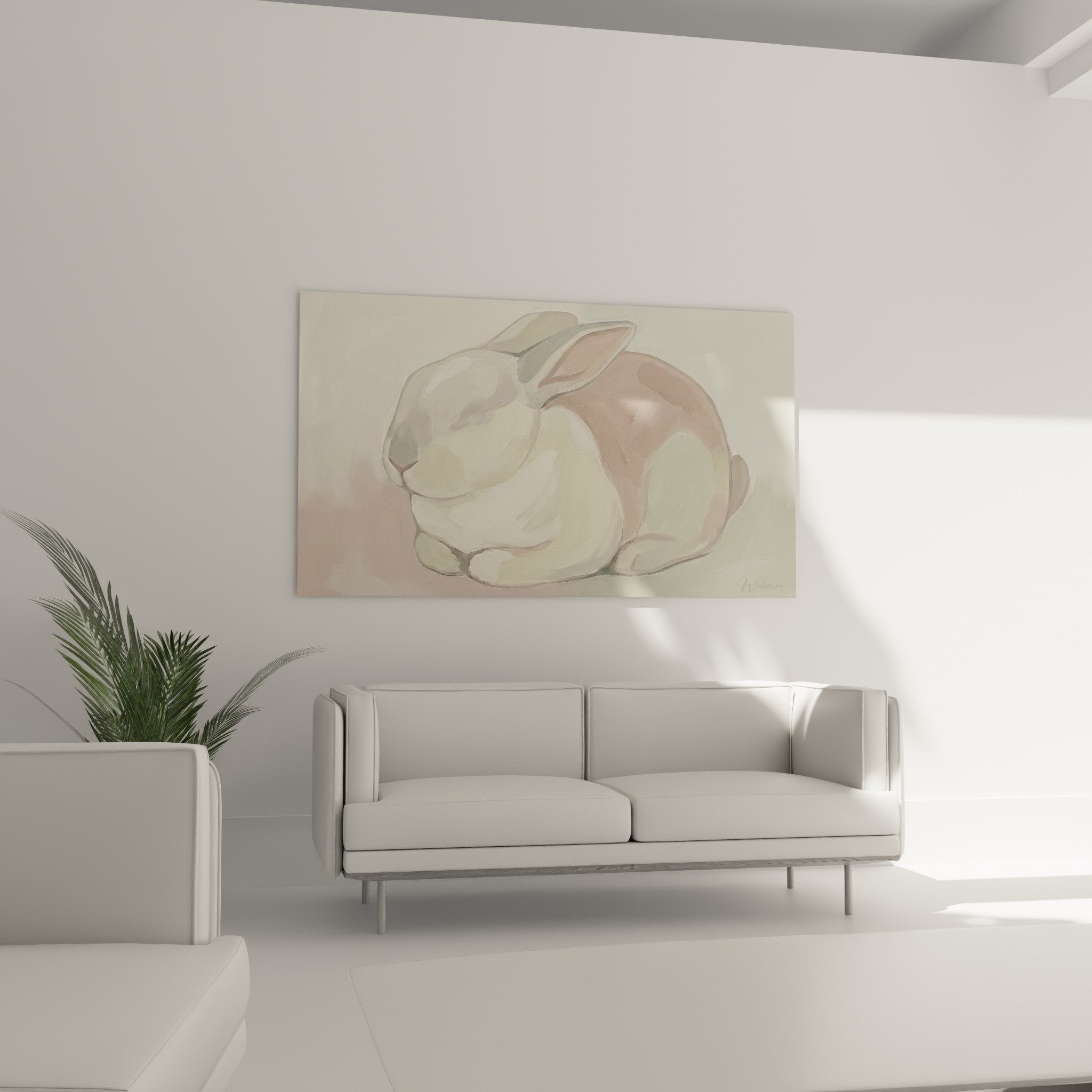 detail tableau lapin endormi peinture pastel beige rose texture douce