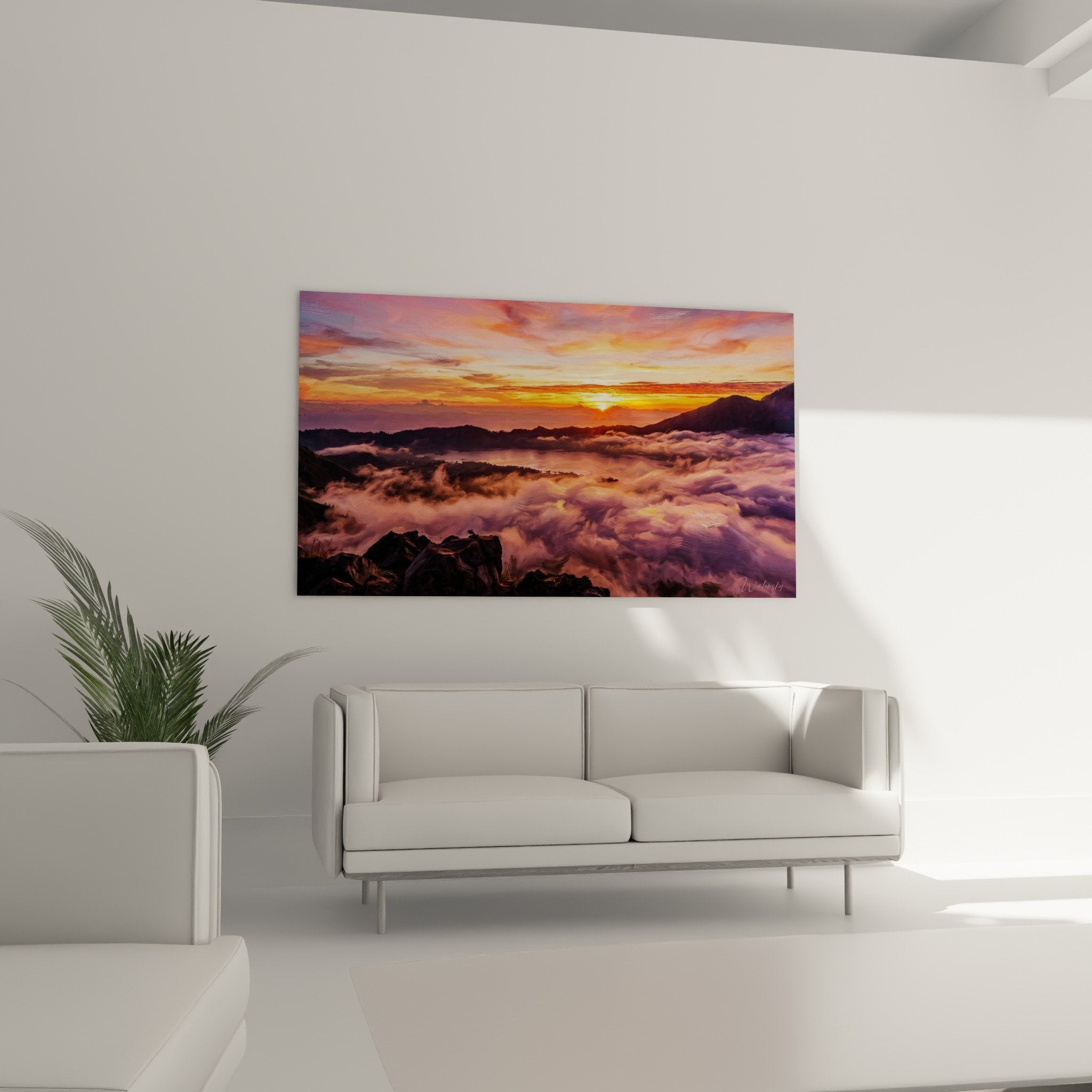 Detail tropical sunrise painting Bali orange clouds volcanic rocks foreground