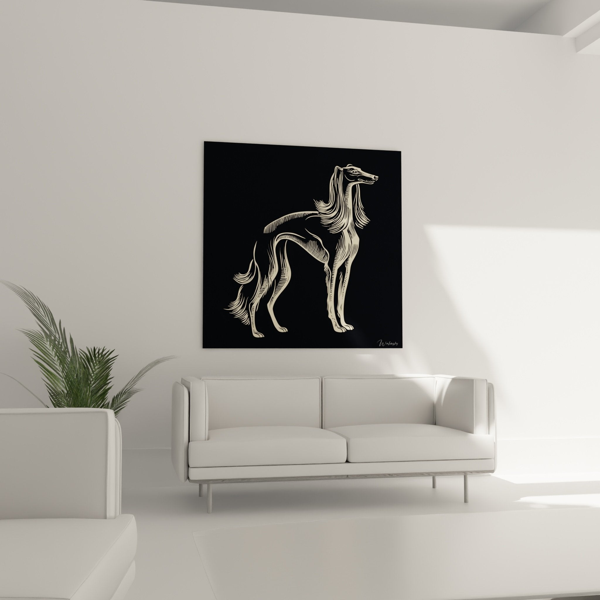 Détail tableau lévrier afghan, tracés dorés sur fond noir, style graphique épuré