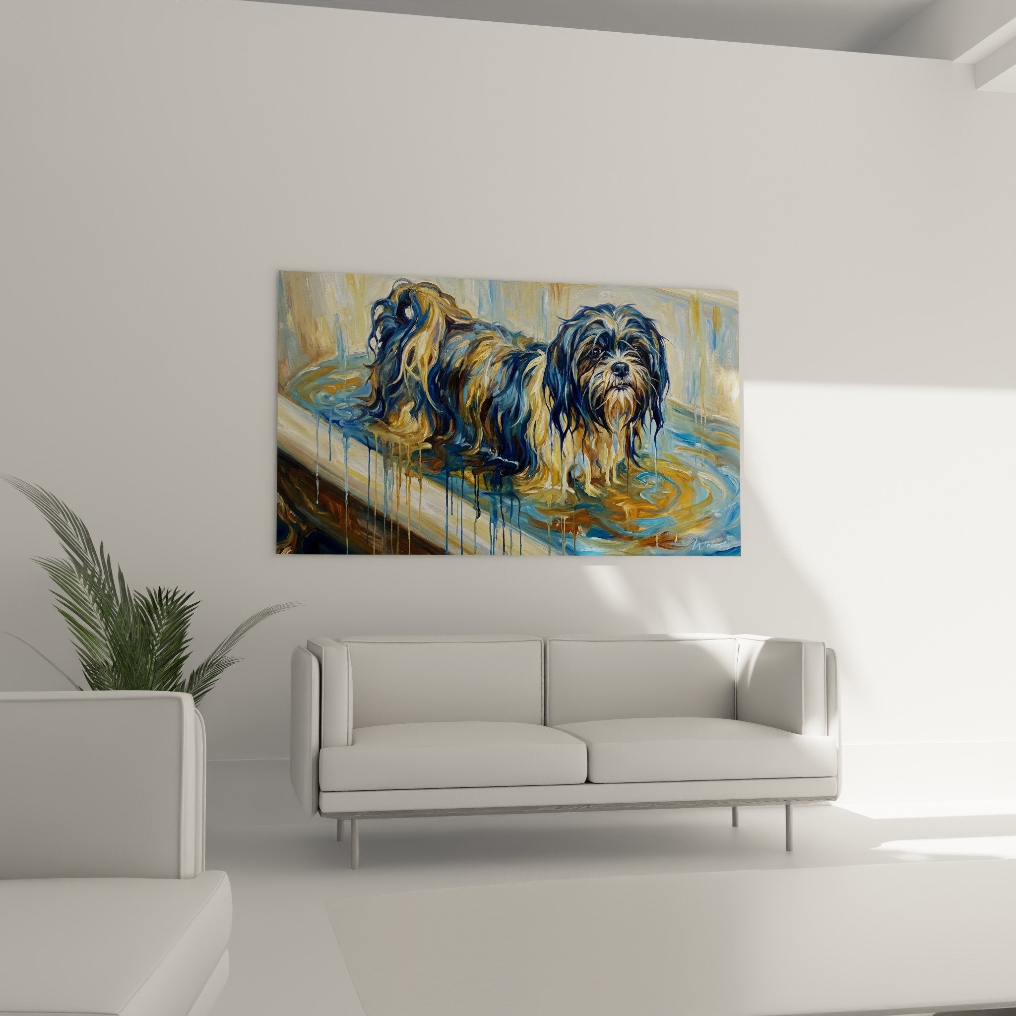 Détail tableau Lhassa Apso technique coulures peinture bleu doré texture artistique moderne