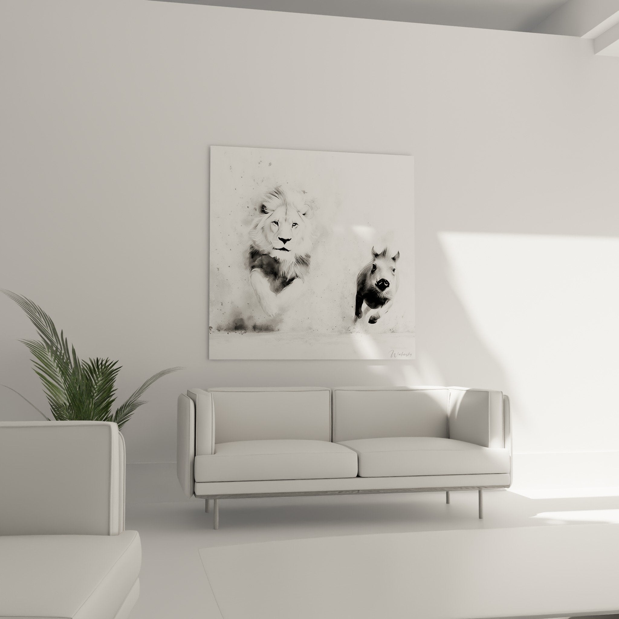 Close-up detail of lion wall art showing watercolor gradients and subtle gray tones