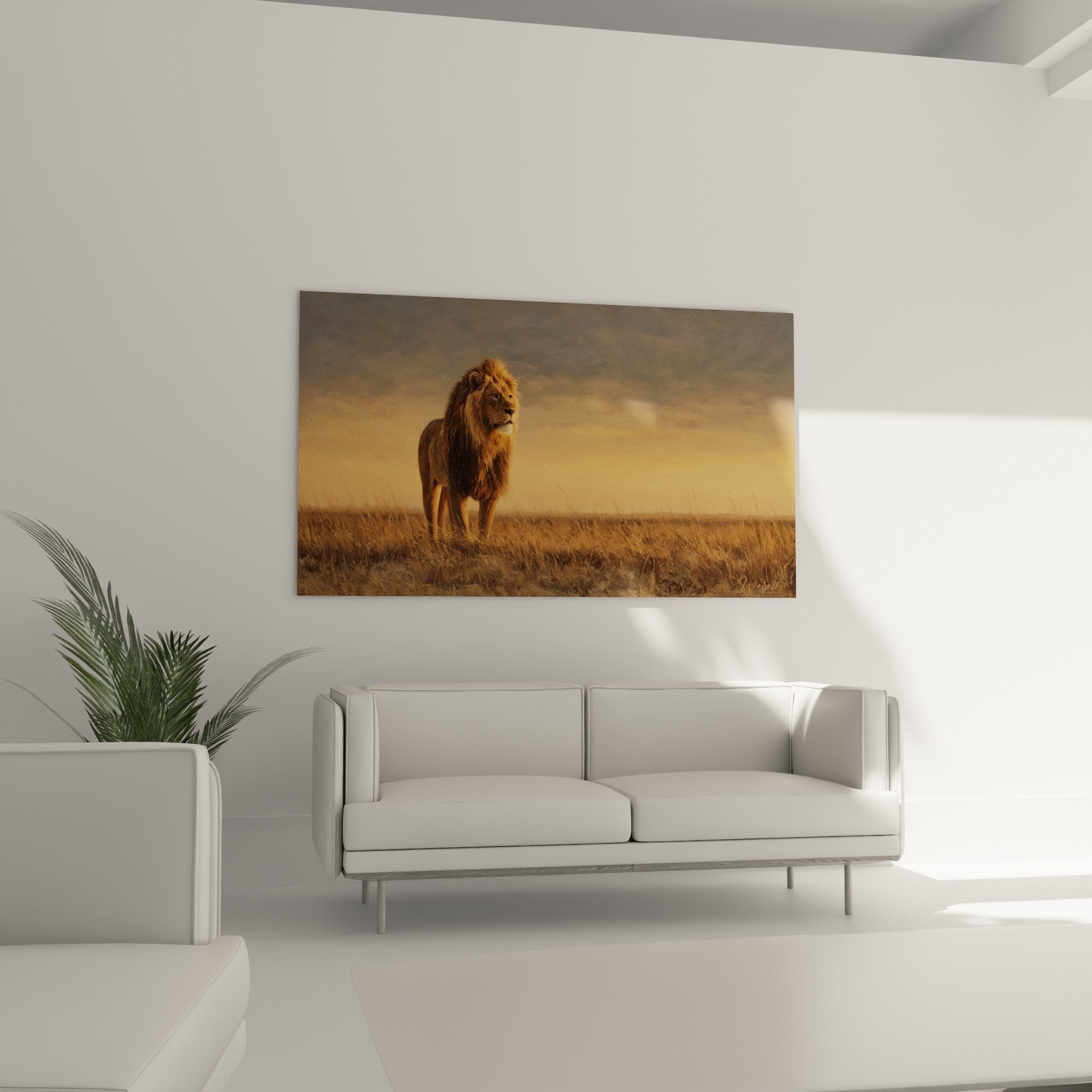 Détail tableau lion crinière fauve texture pelage lumière dorée savane africaine qualité