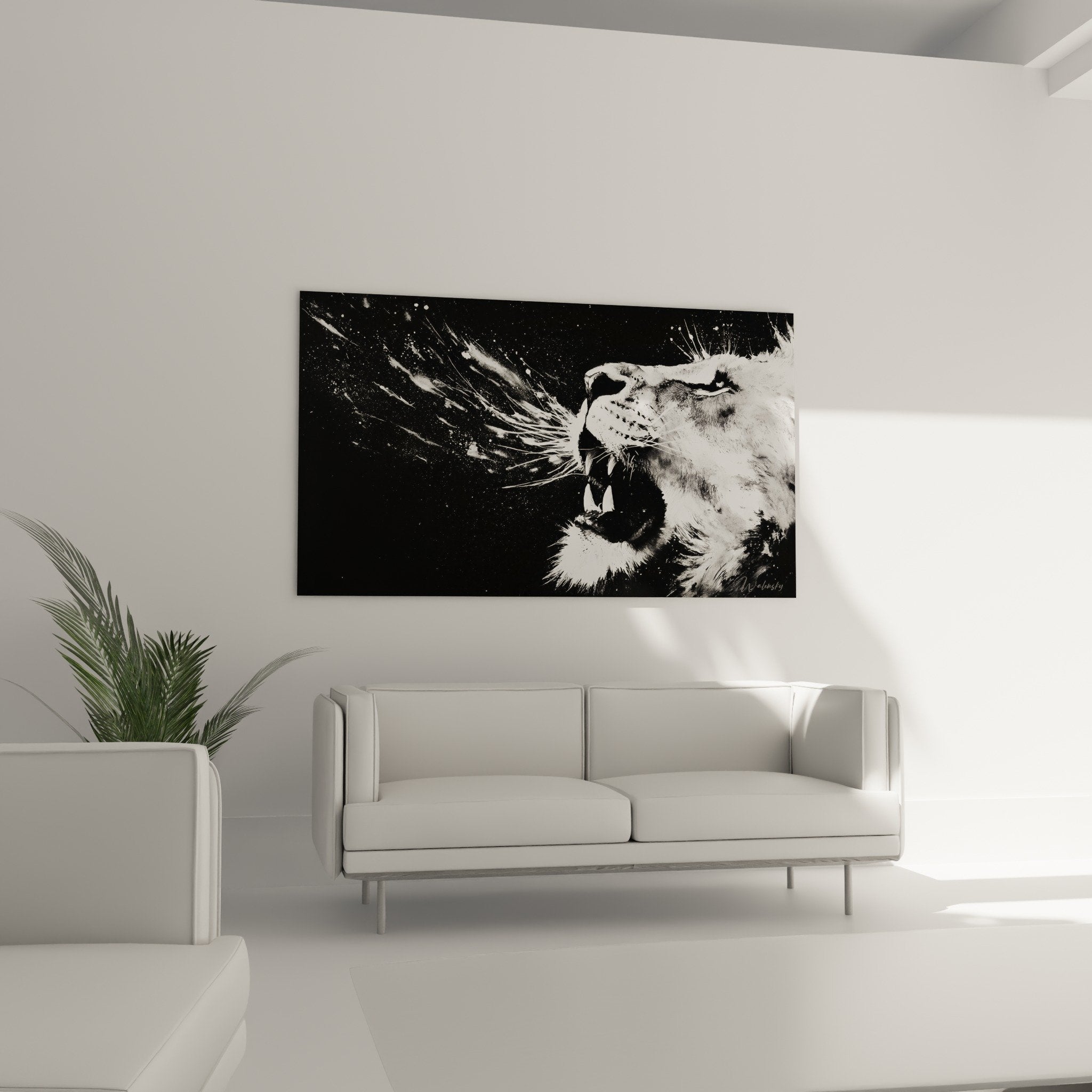Close-up monochrome lion artwork detailed mane and intense gaze animal art