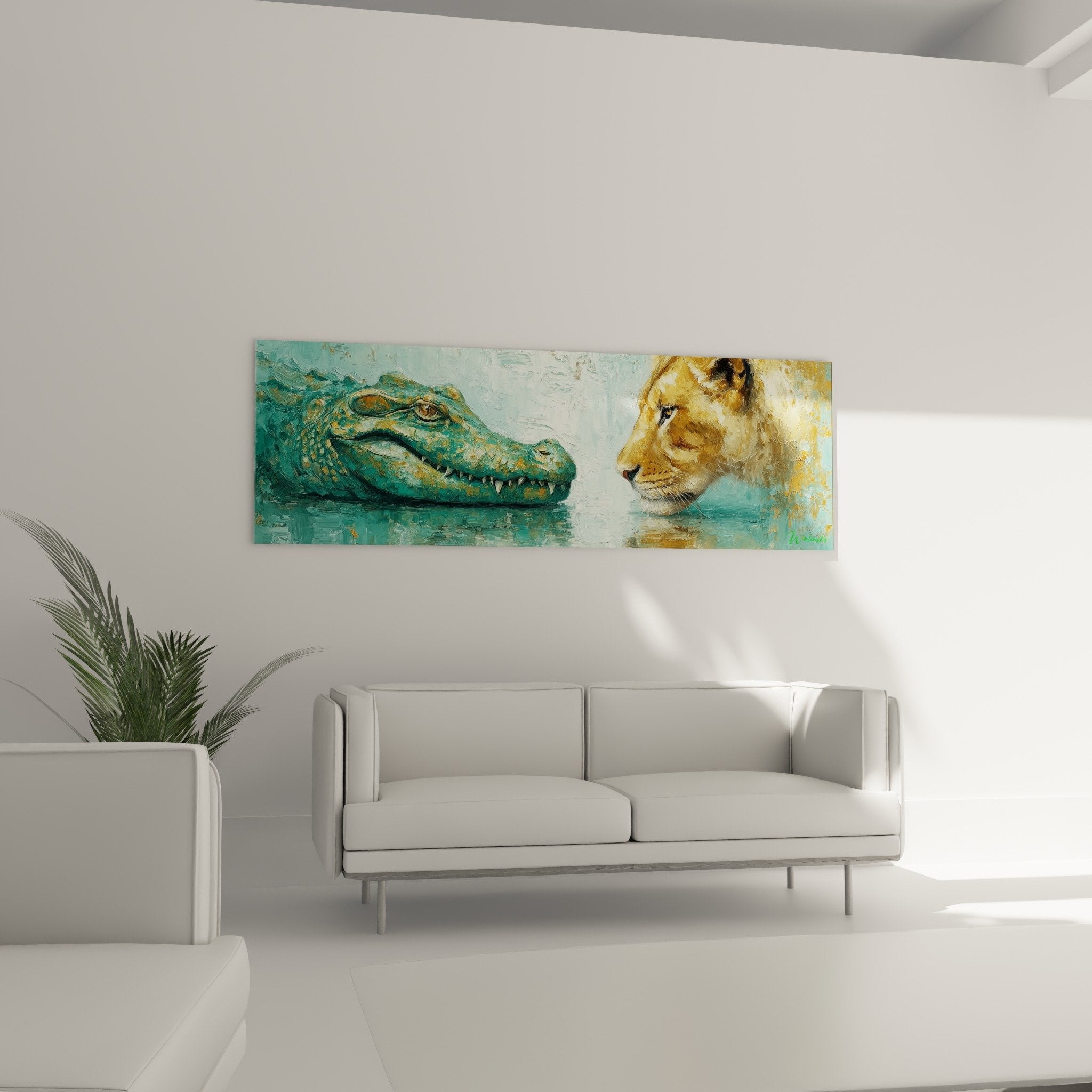 Detail Gemälde Löwe Krokodil realistische Malerei goldene Schuppen Raubtiermähne blaues Wasser