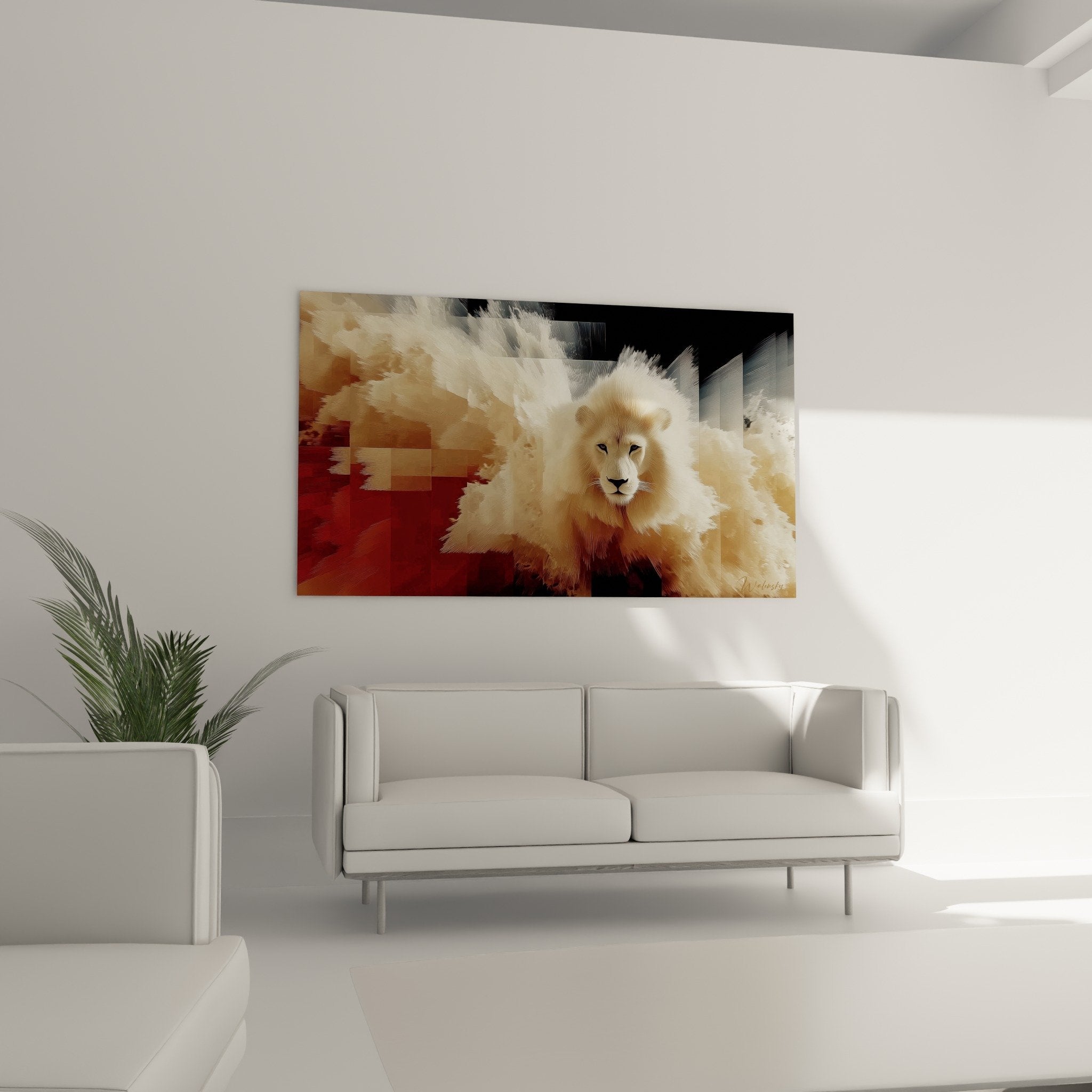 Detailansicht Löwe Gemälde in Kupfer- und Goldtönen, modernes Tier-Porträt Wandkunst in Premium-Qualität