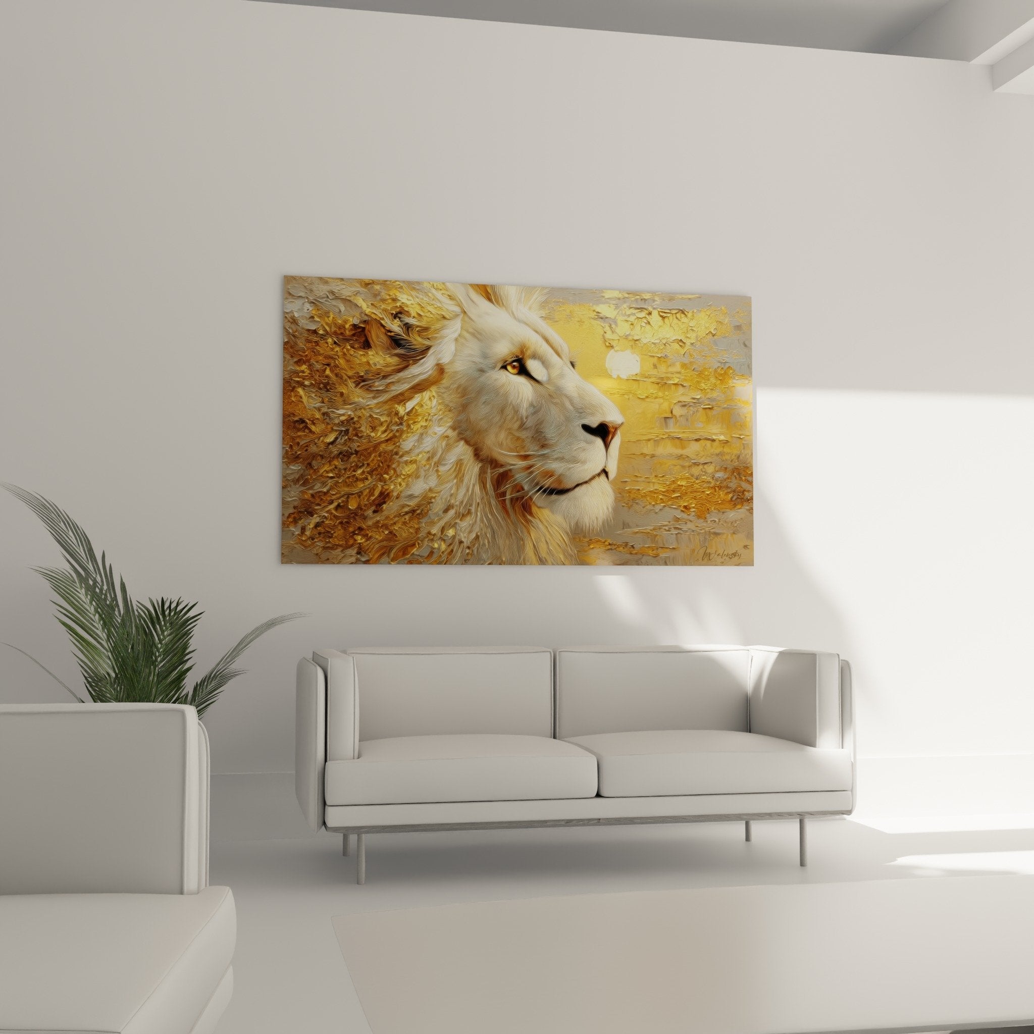 Detail tableau lion regard ambre intense textures dorees fluides criniere majestueuse