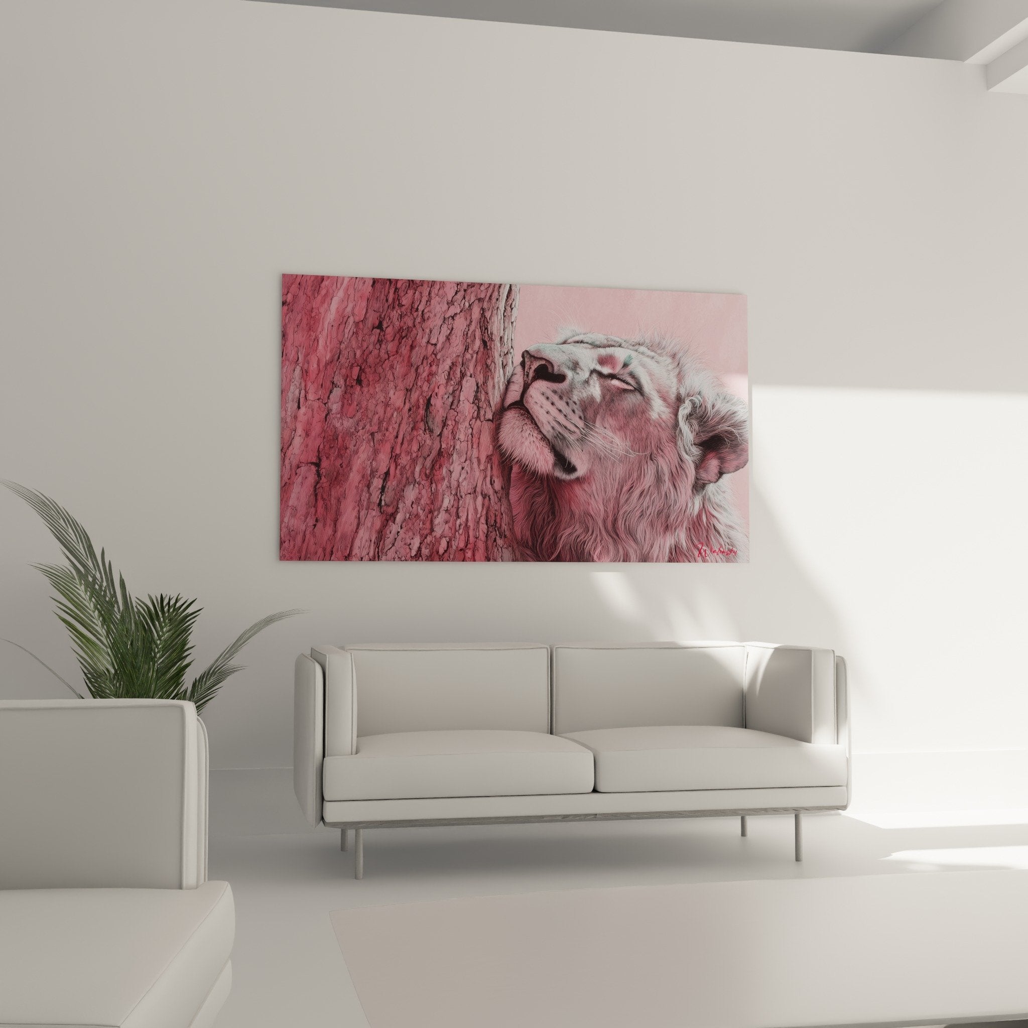 Gros plan tableau lion rose détails pelage texture écorce arbre art animalier