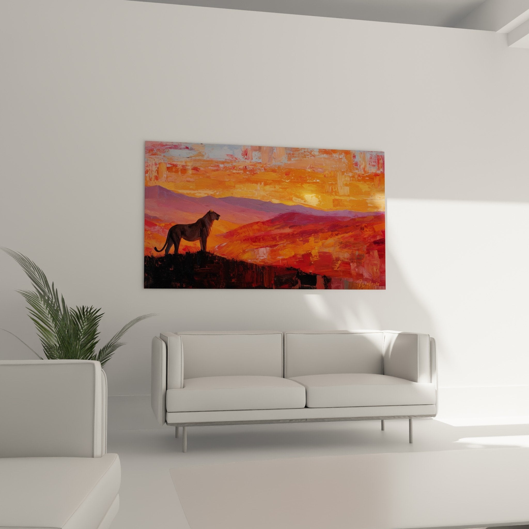 Detail tableau lion silhouette contre-jour ciel orange nuages pourpres technique picturale moderne