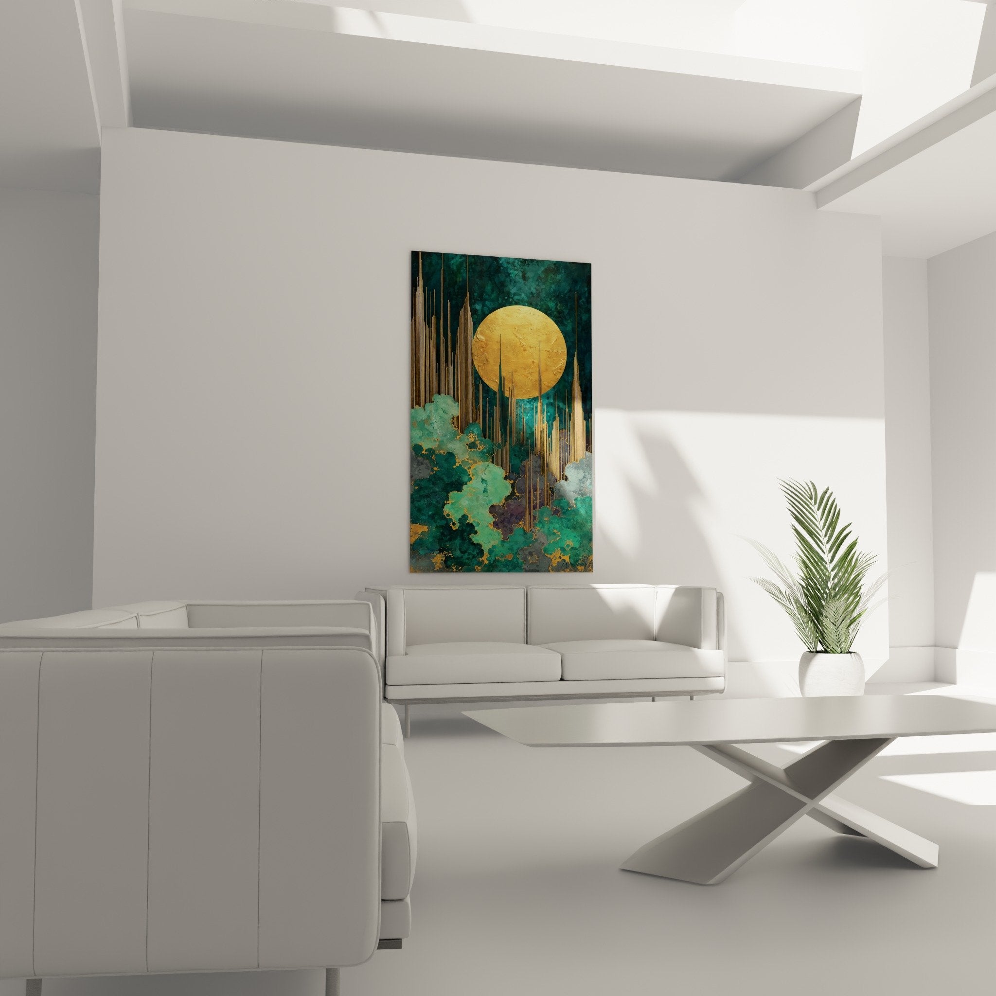 Detail tableau lune or foret turquoise textures organiques lignes dorees feng shui sud-est bois art mural