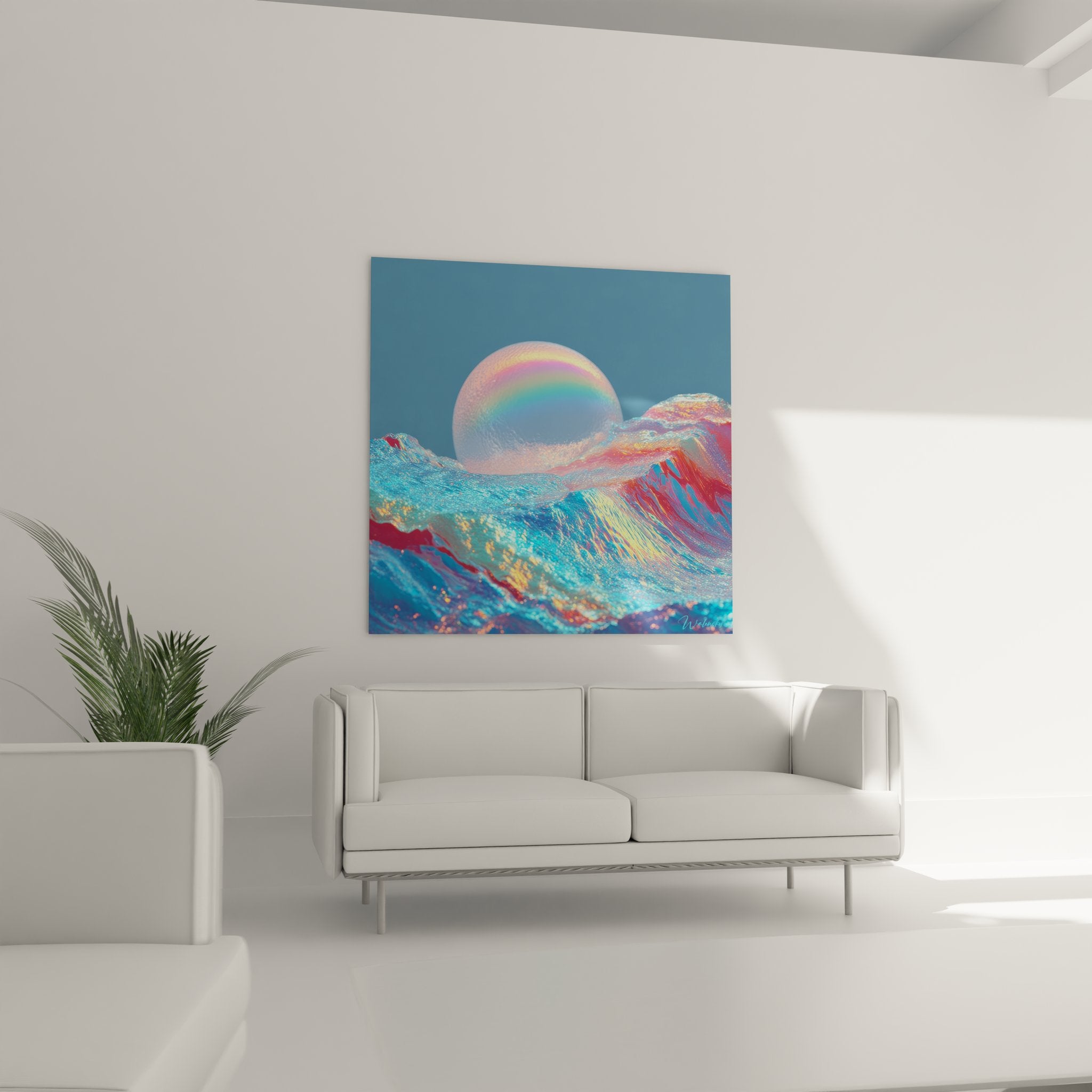 Détail gros plan tableau lune iridescente, textures holographiques et reflets colorés prismatiques artistiques