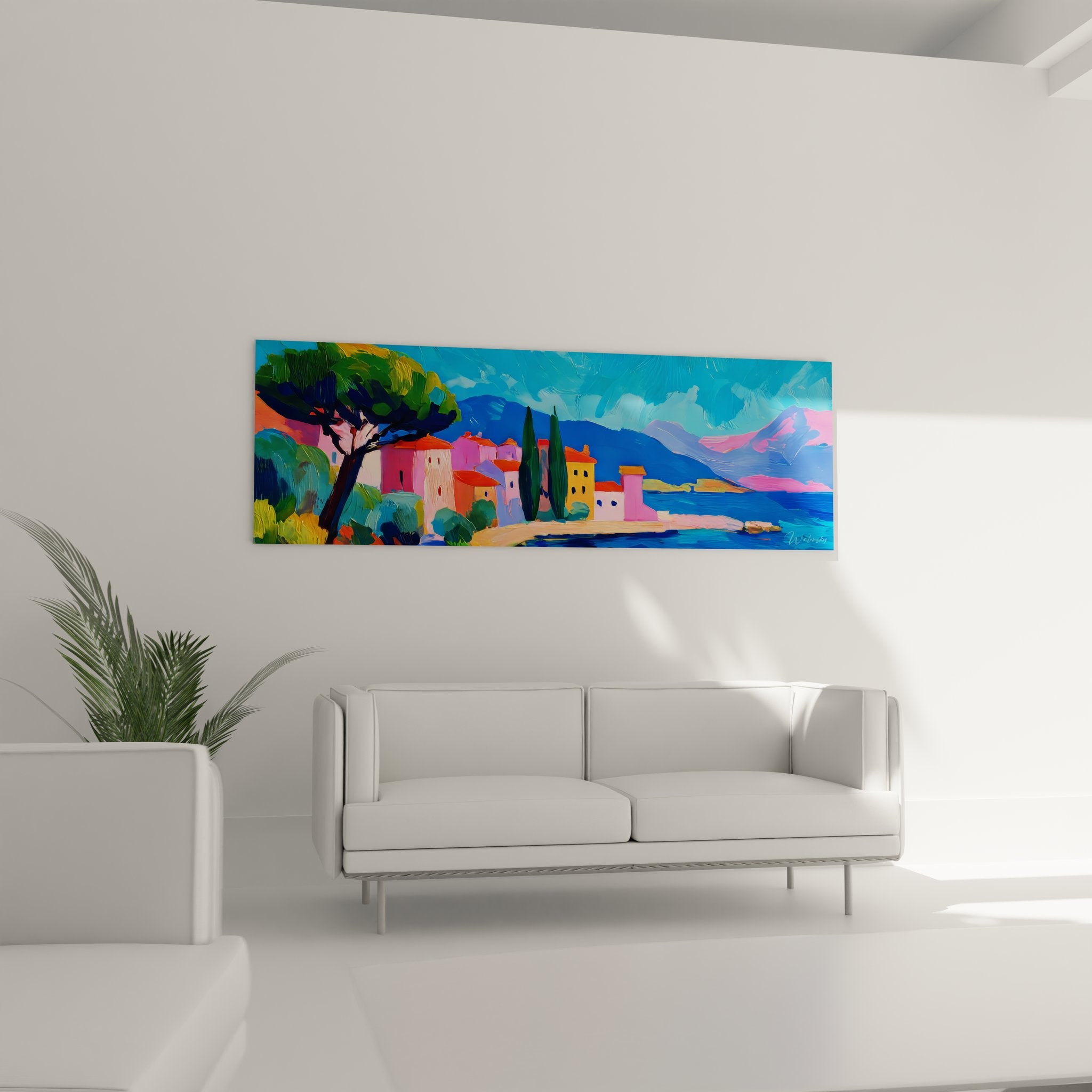 Détail tableau paysage méditerranéen montrant maisons colorées et pinceaux expressifs