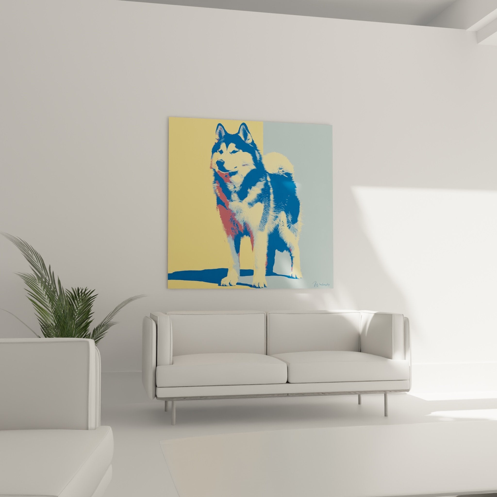 Detailaufnahme des Alaskan Malamute Kunstdrucks im Siebdruck-Stil mit kontrastierenden Farbeffekten