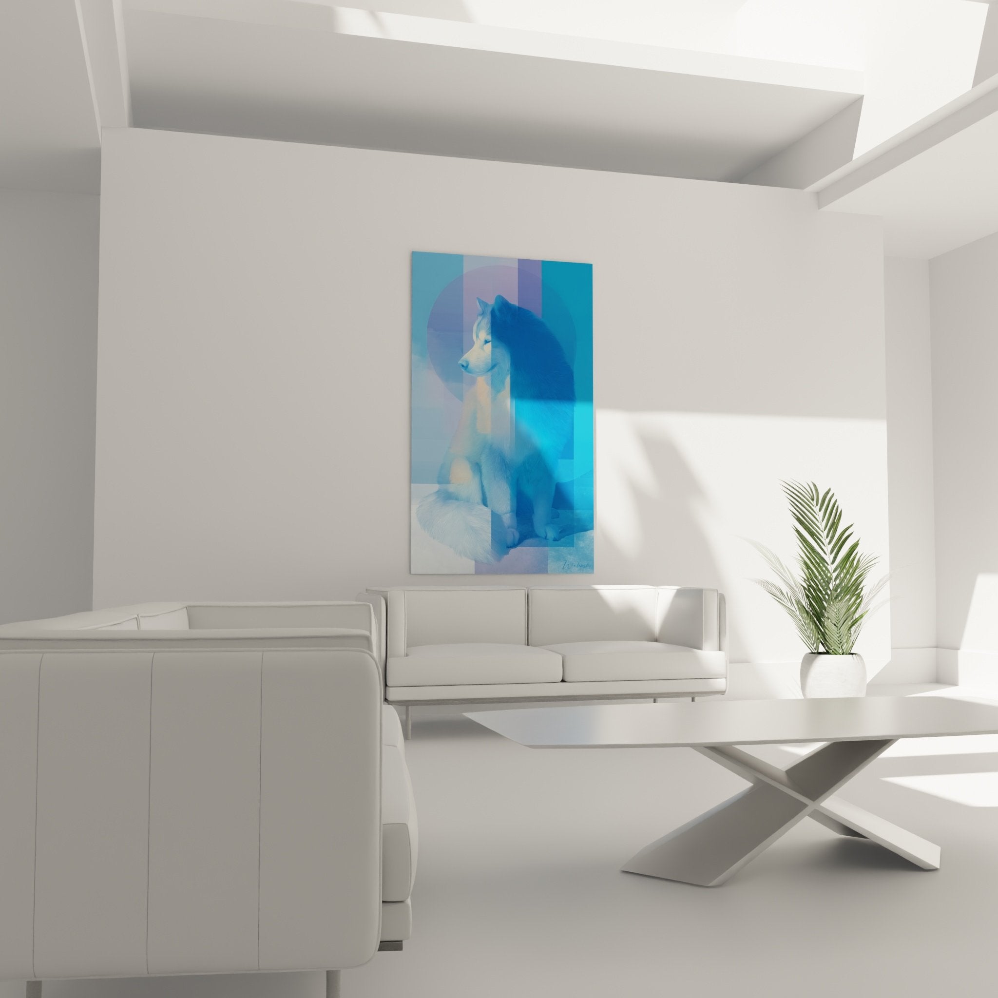 Détail tableau Malamute Alaska, textures pelage et effets géométriques bleus transparents