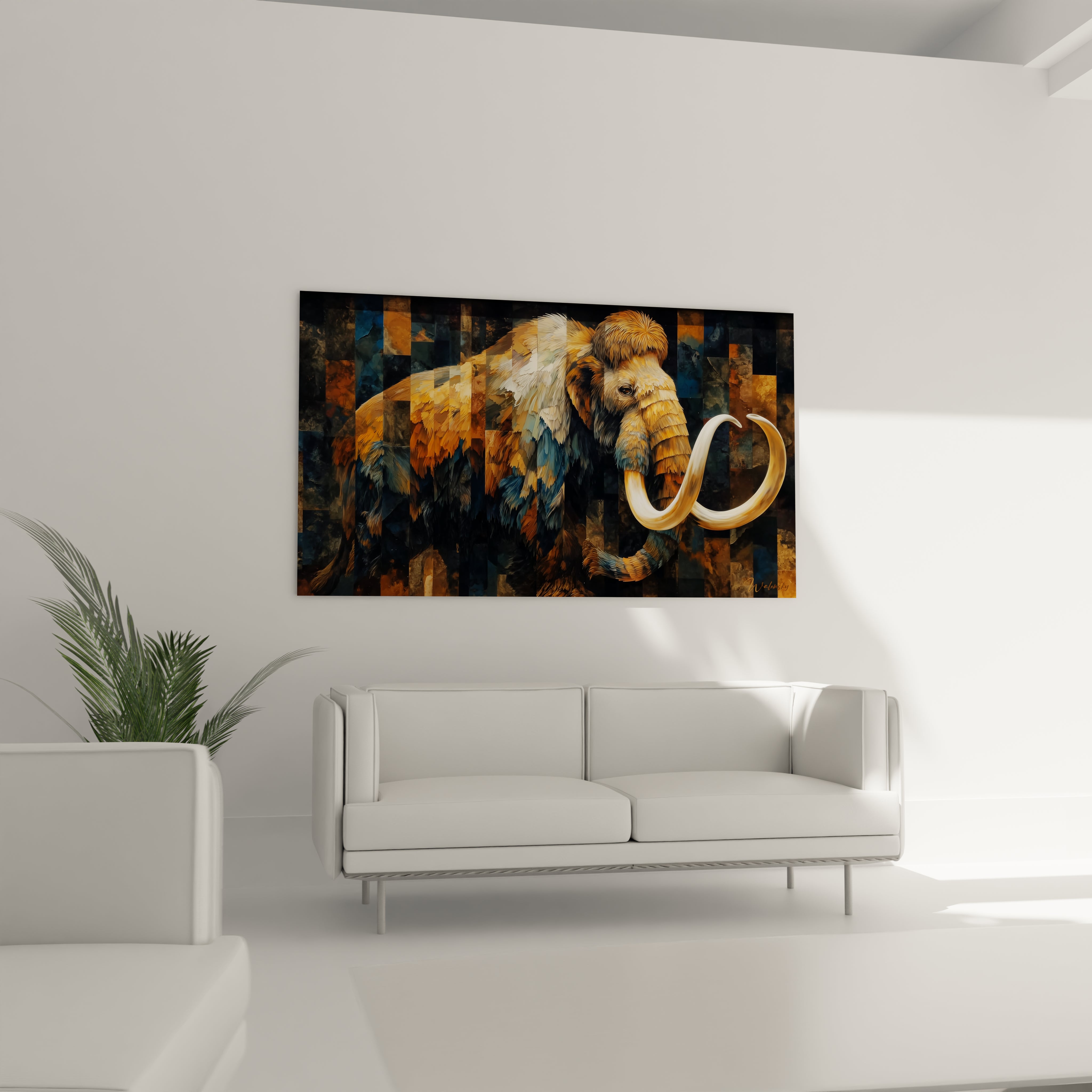 Gros plan détaillé du tableau mammouth montrant la technique de mosaïque et les couleurs fragmentées