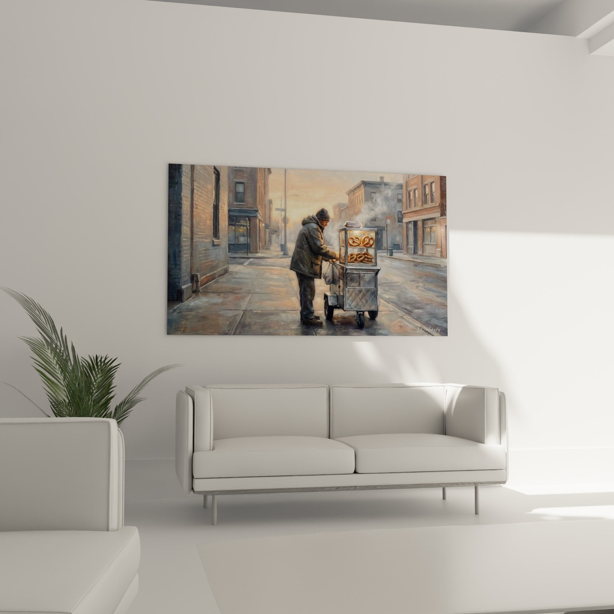 Détail rapproché tableau marchand bretzels chariot vapeur textures picturales Manhattan street art
