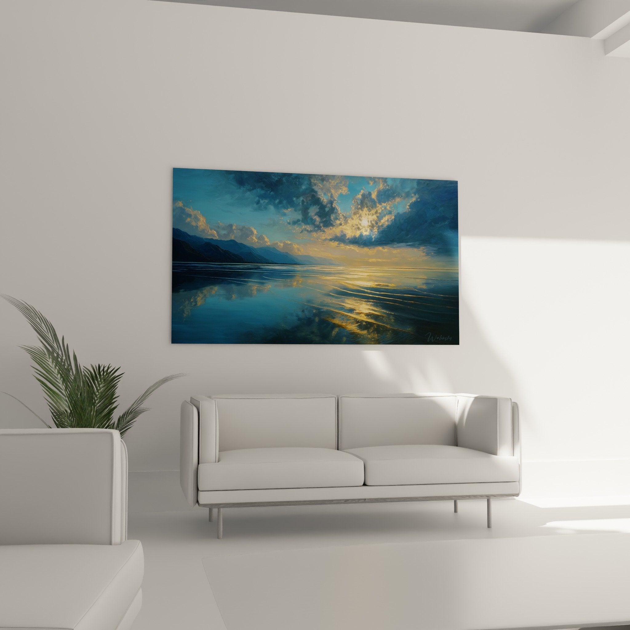 Detail of feng shui seascape painting golden reflections on blue water and dramatic clouds twilight sky