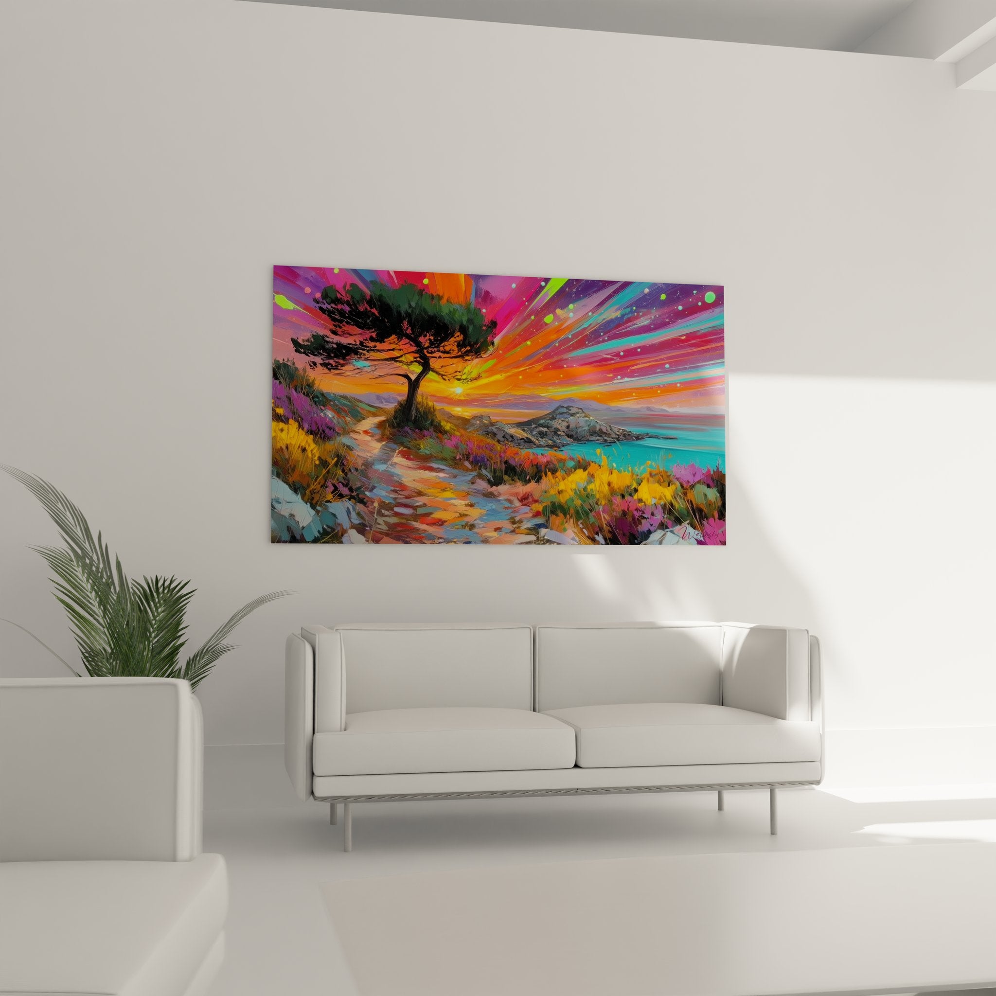 Détail tableau paysage maritime coucher soleil avec effets lumineux et couleurs vives