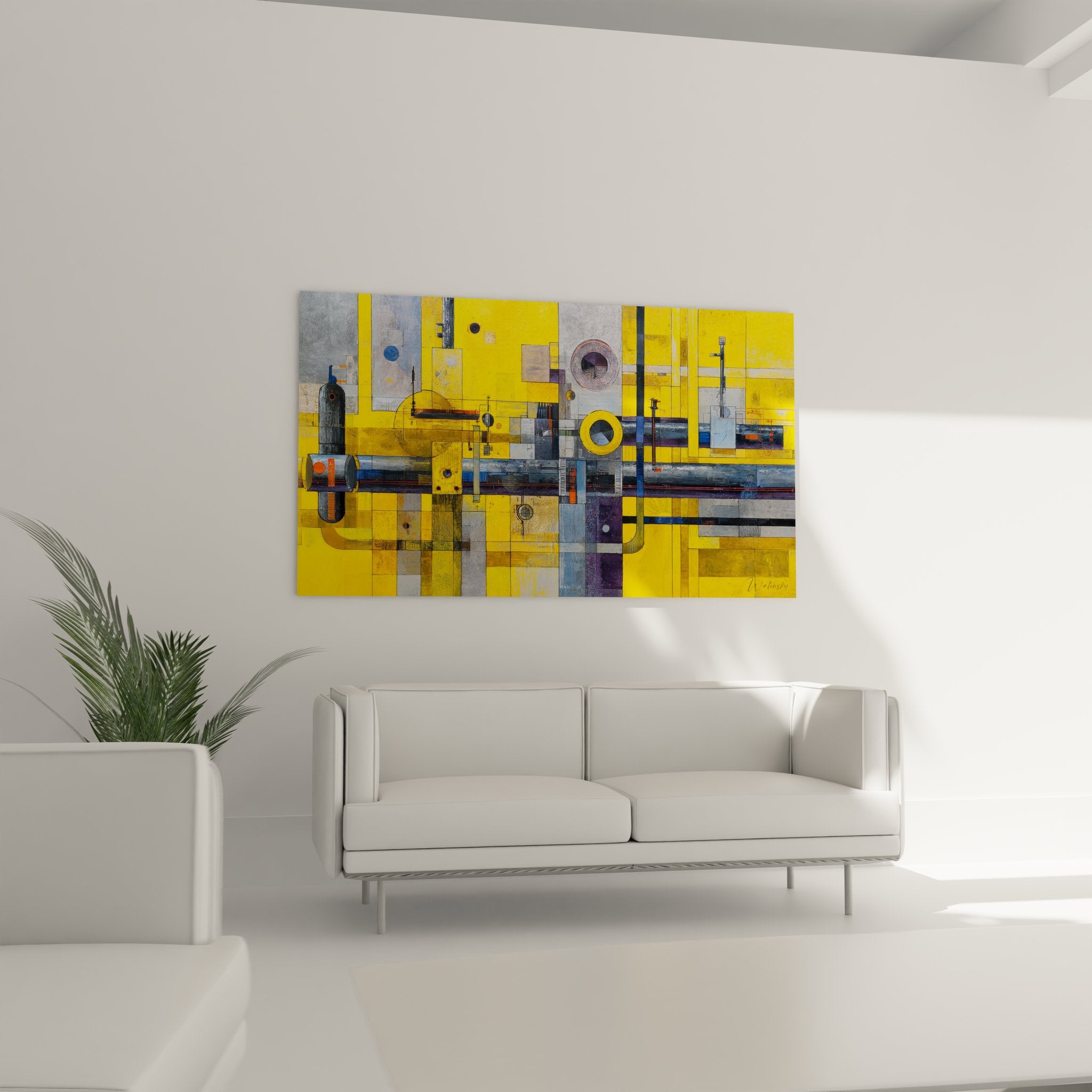 Détail tableau industriel montrant textures mécaniques et superpositions géométriques colorées