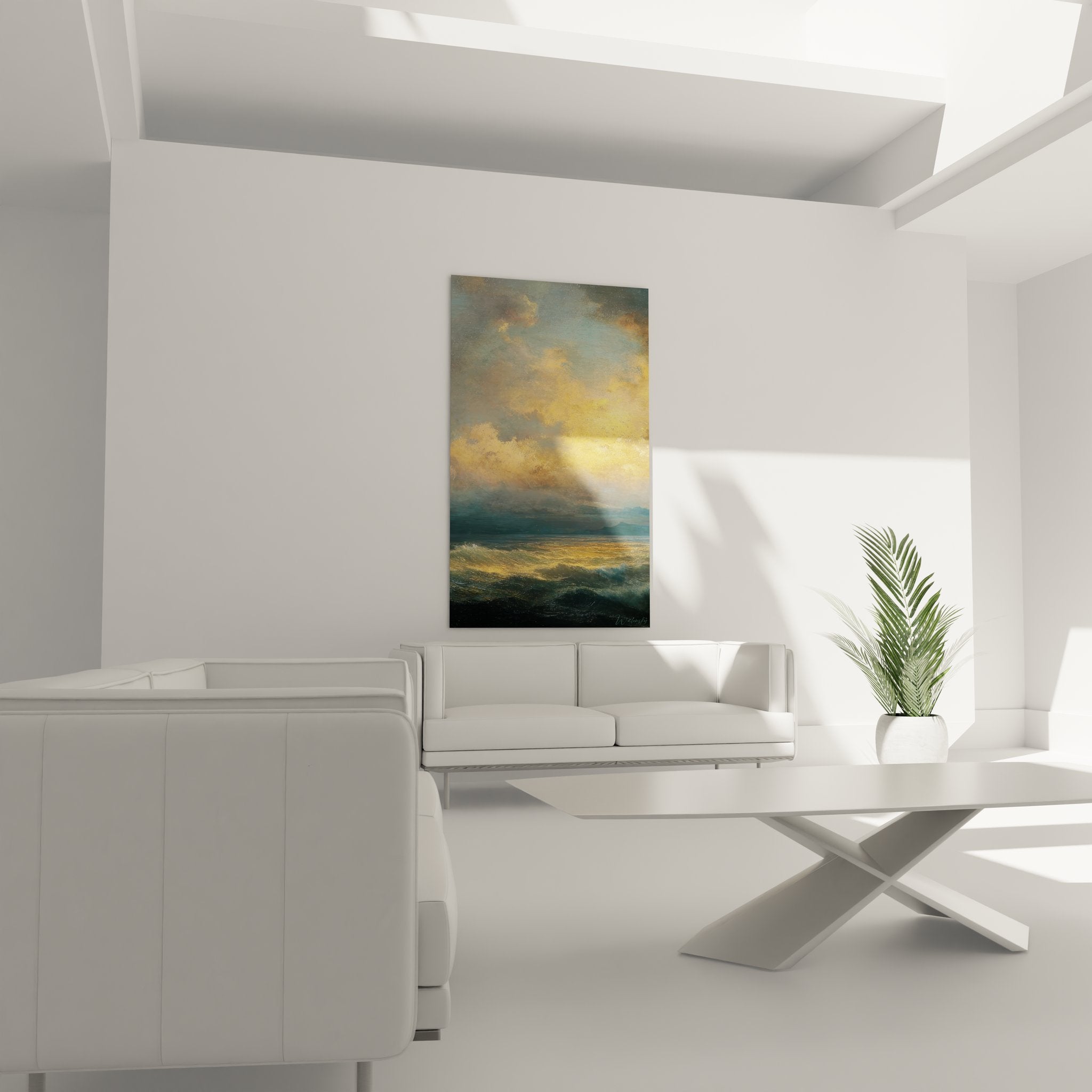 Détail gros plan tableau mer tempête dorée - texture vagues et reflets lumineux océan