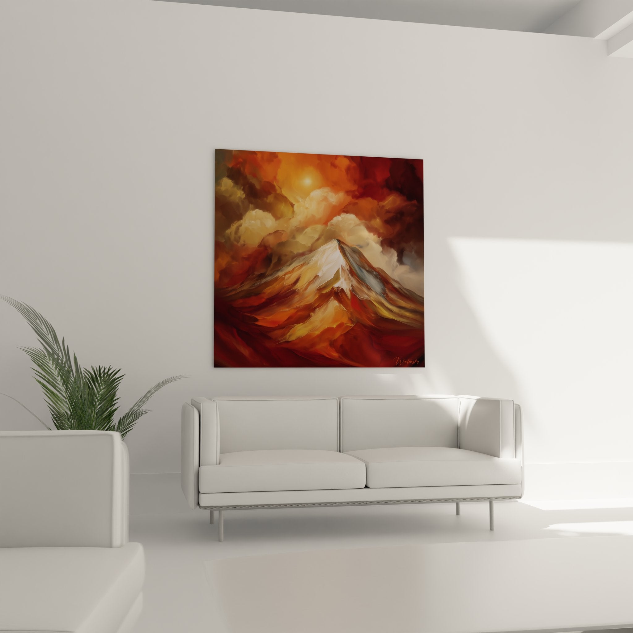 Détail gros plan tableau montagne abstraite, textures picturales et dégradés colorés sommet stylisé