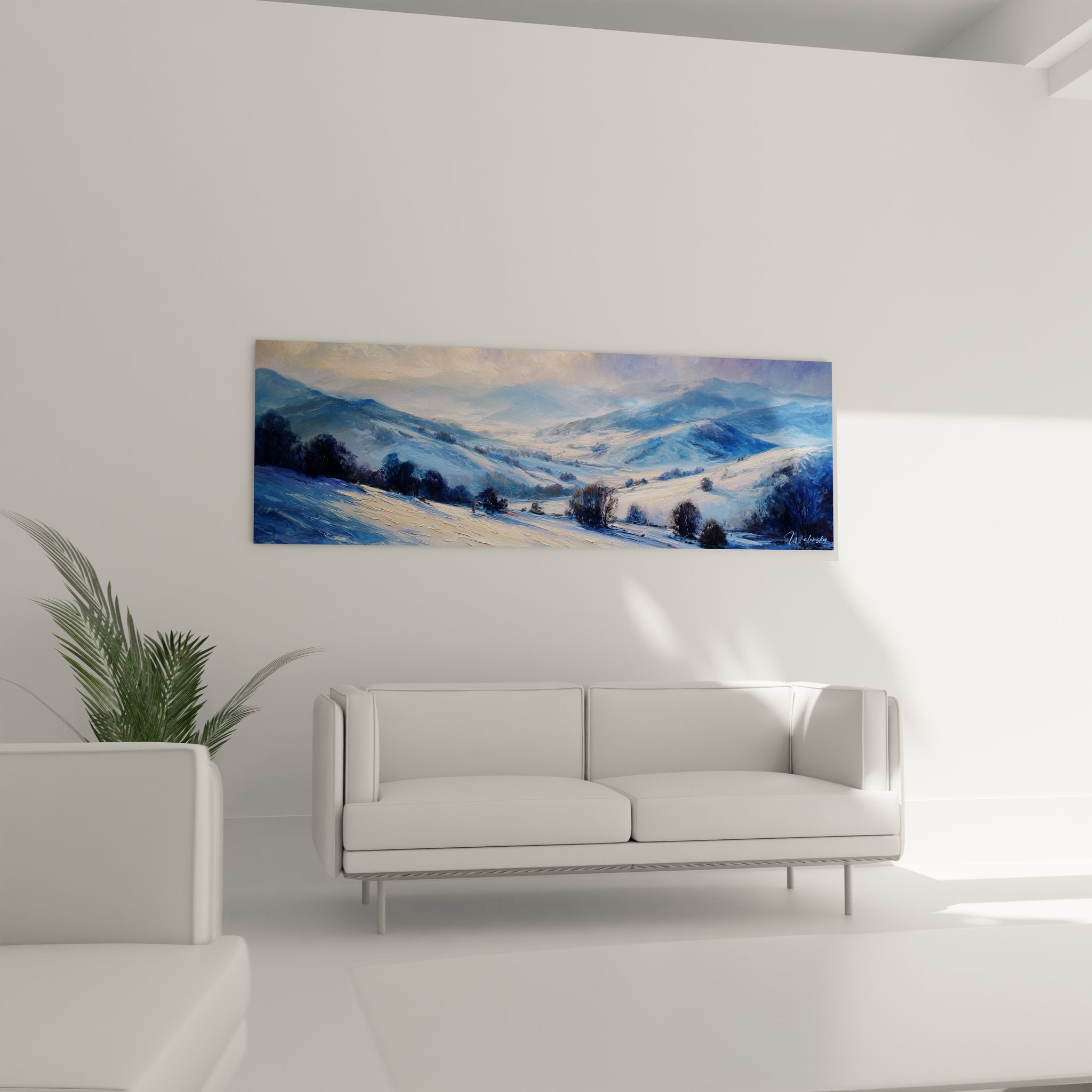 Détail tableau montagne hiver neige arbres technique peinture paysage enneigé