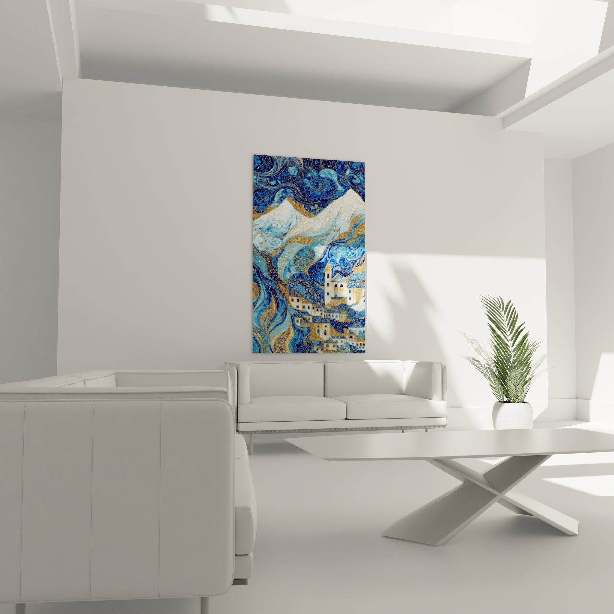 Détail tableau montagne motifs ornementaux dorés et architecture alpine stylisée