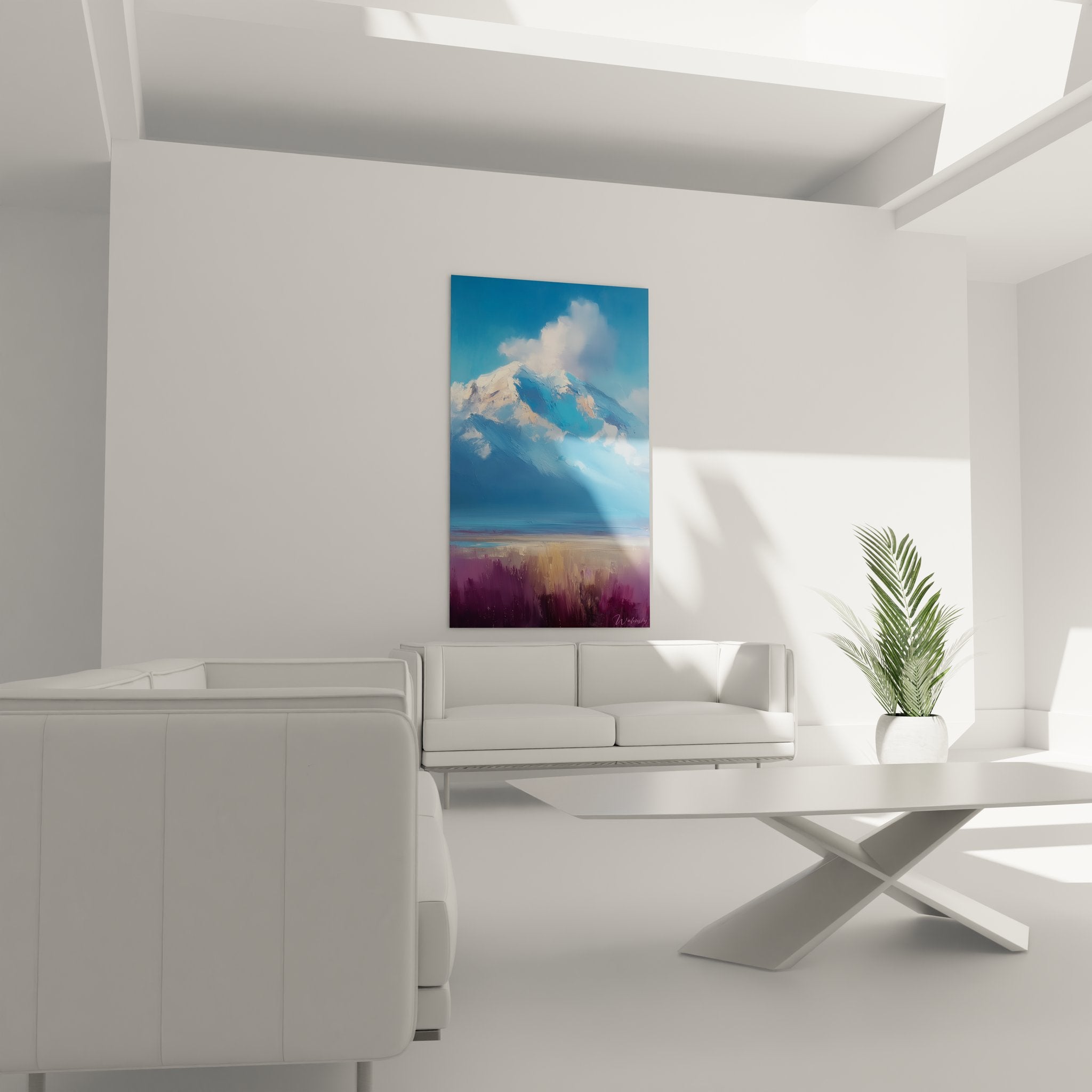 Détail tableau montagne pic enneigé technique peinture nuages blancs art alpin gros plan