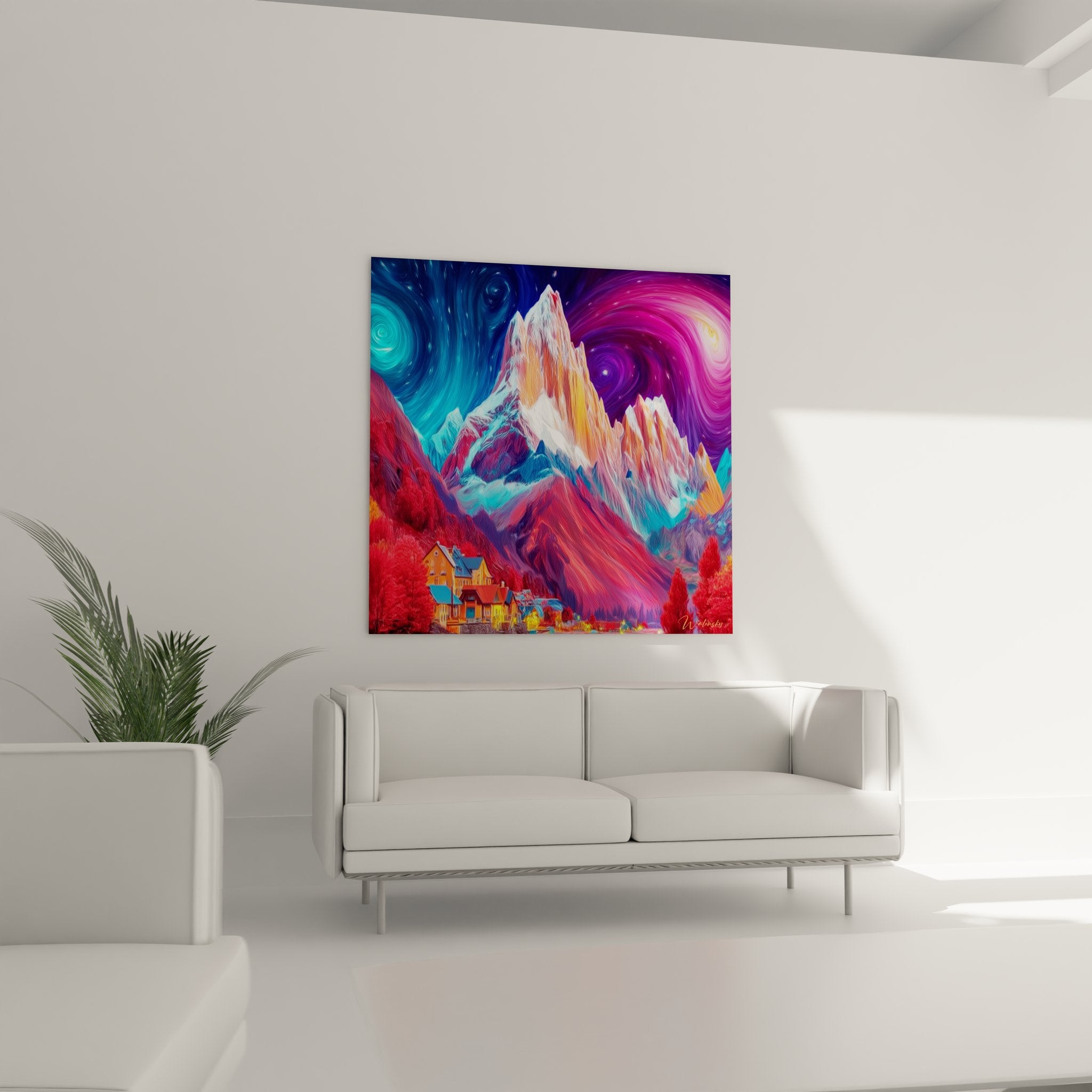 Détail tableau montagne psychédélique textures picturales sommets colorés