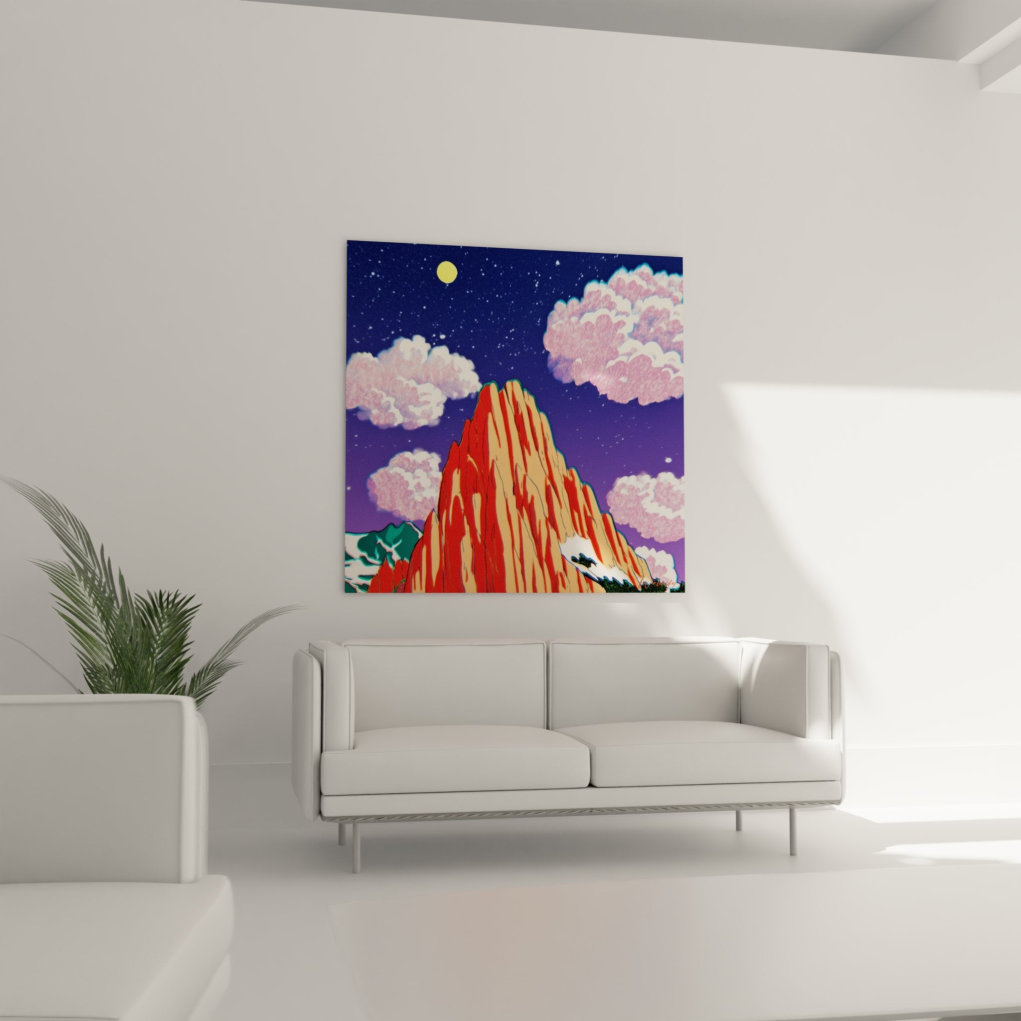 Détail tableau montagne rouge - texture pic rocheux striée sous ciel nocturne étoilé avec nuages colorés