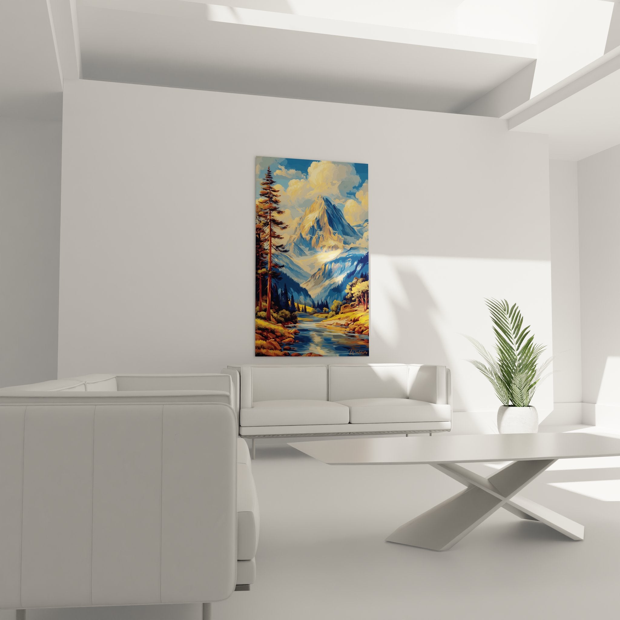 Détail tableau montagne sapin géant rivière cristalline rochers dorés peinture nature