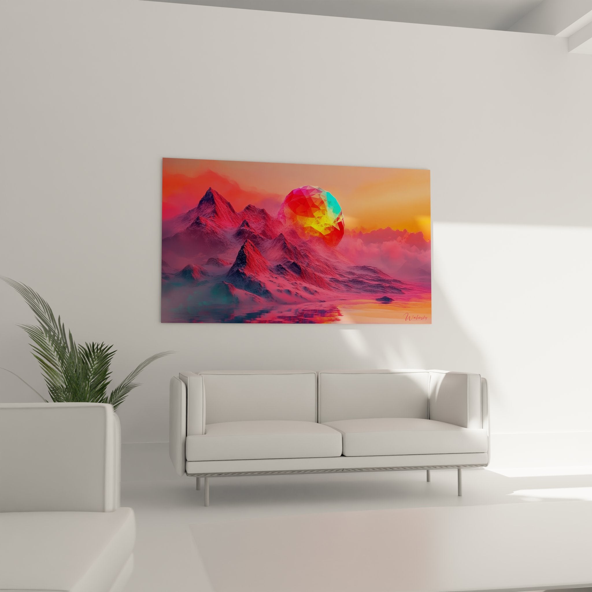 Détail tableau montagne abstraite soleil cristallin facettes géométriques couleurs vibrantes