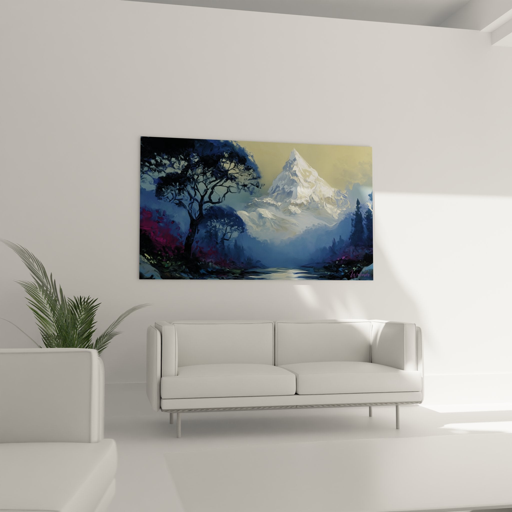 Détail tableau montagne showing technique peinture sommet enneigé et textures rocheuses