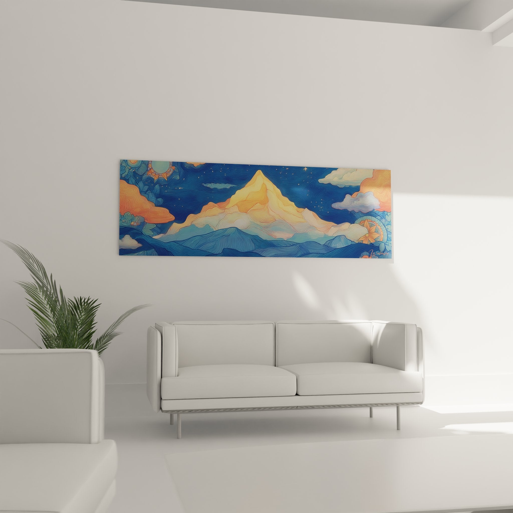 Détail tableau montagne stylisée montrant textures artistiques et couleurs dégradées oranges bleus