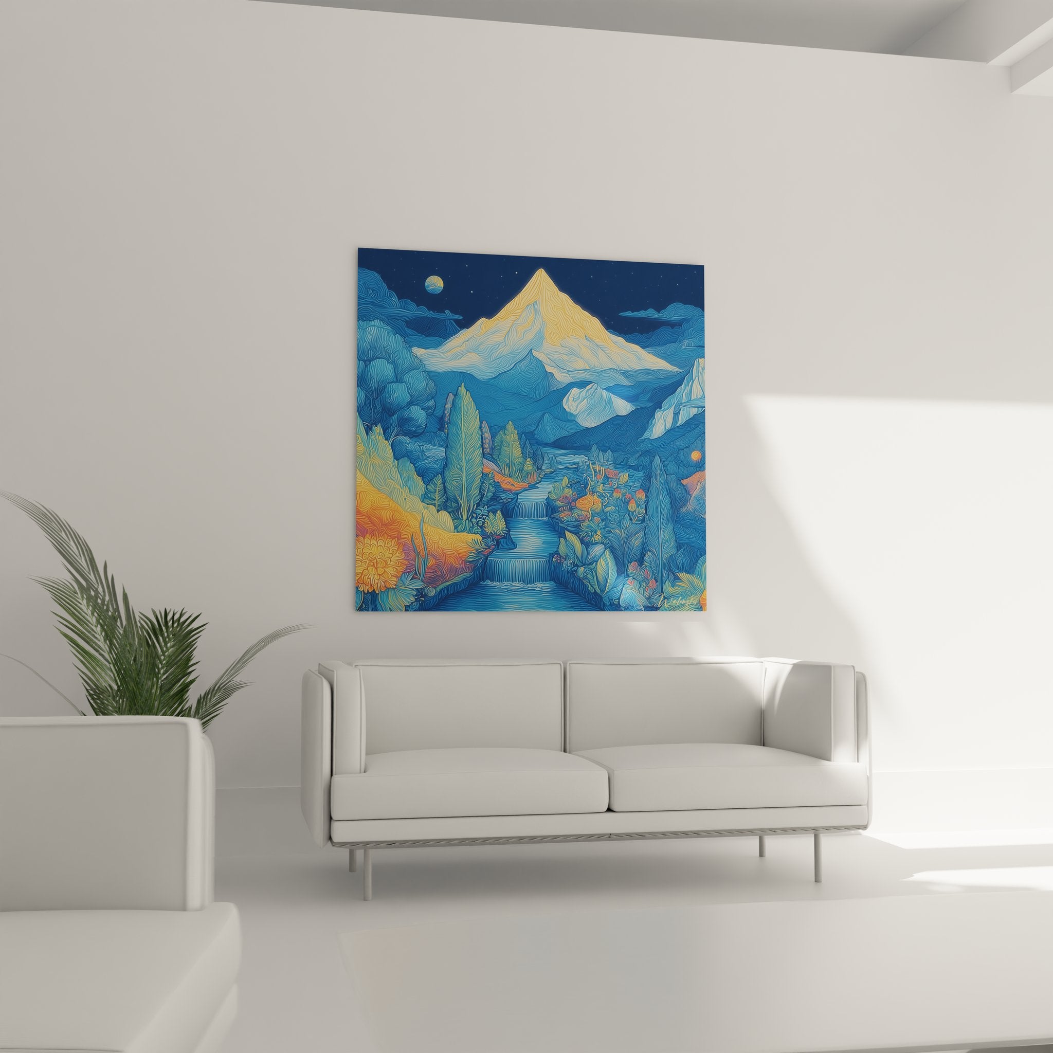 Mountain painting detail - artistic technique with organic lines and blue gold palette waterfall