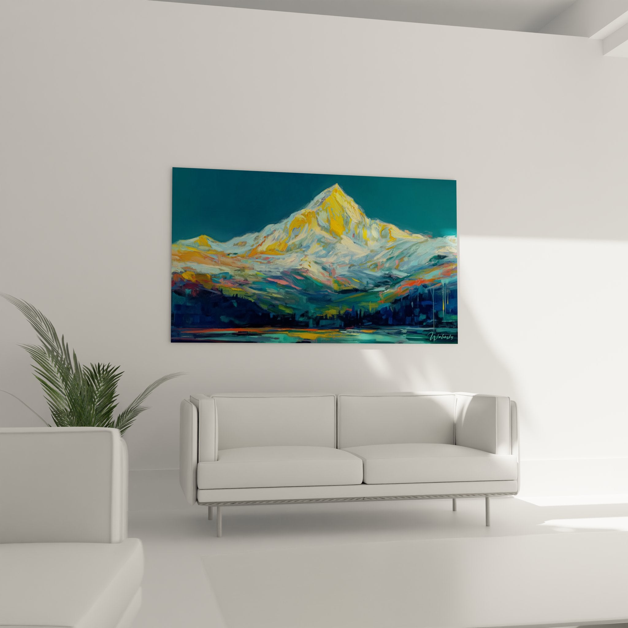 Détail tableau montagne - texture peinture sommets enneigés aux reflets dorés et orangés sur ciel bleu