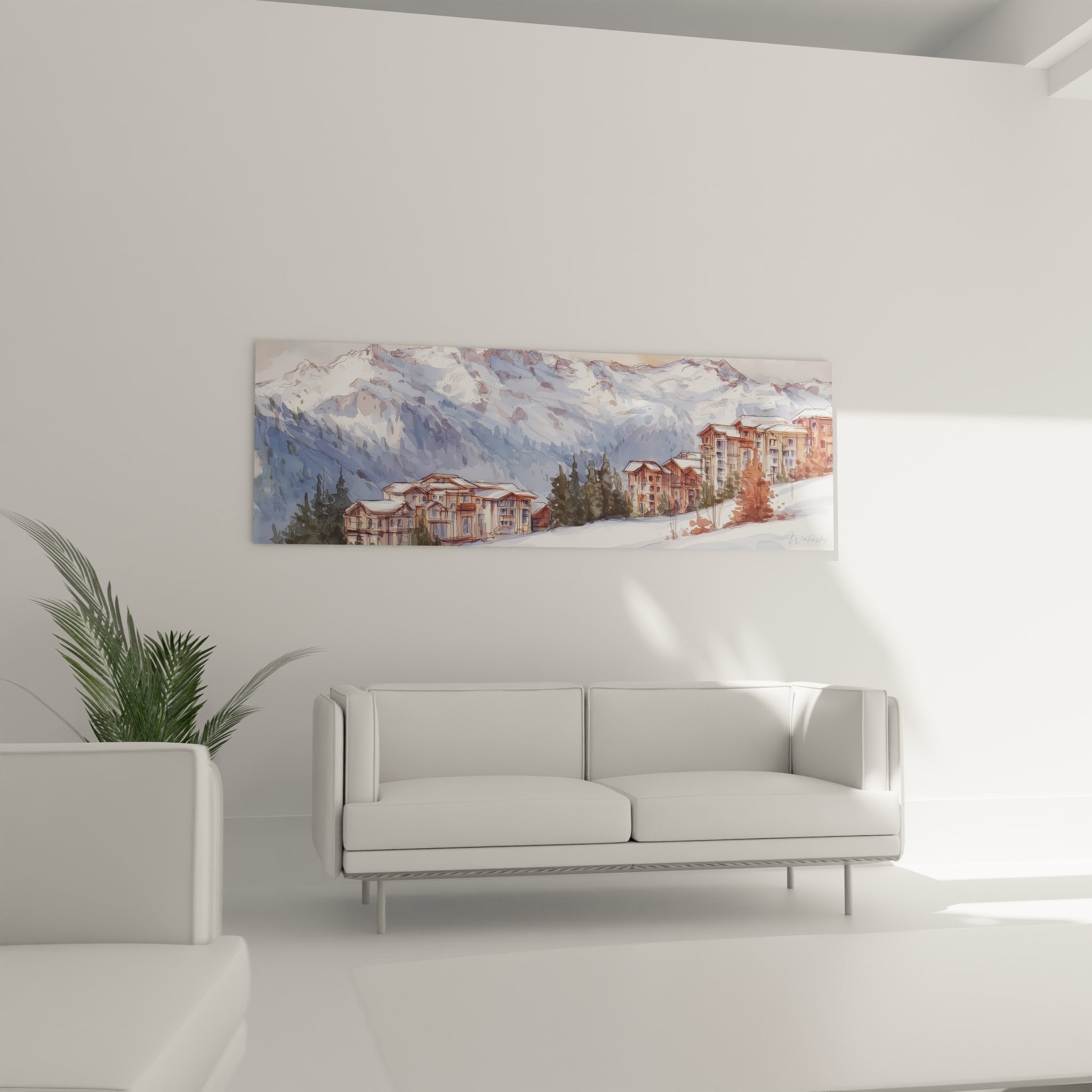 Détail tableau montagne village enneigé chalets traditionnels architecture alpine