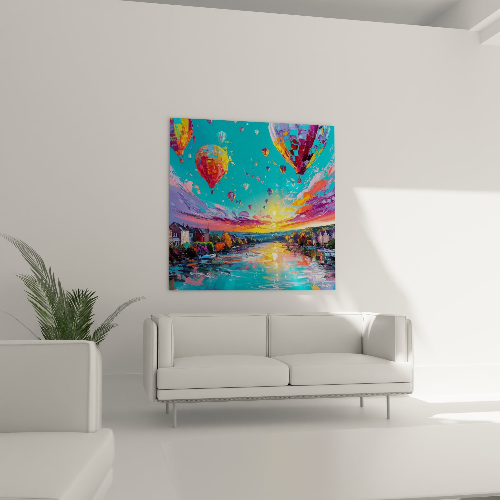 Détail gros plan tableau montgolfière couleurs vives technique picturale ballons multicolores