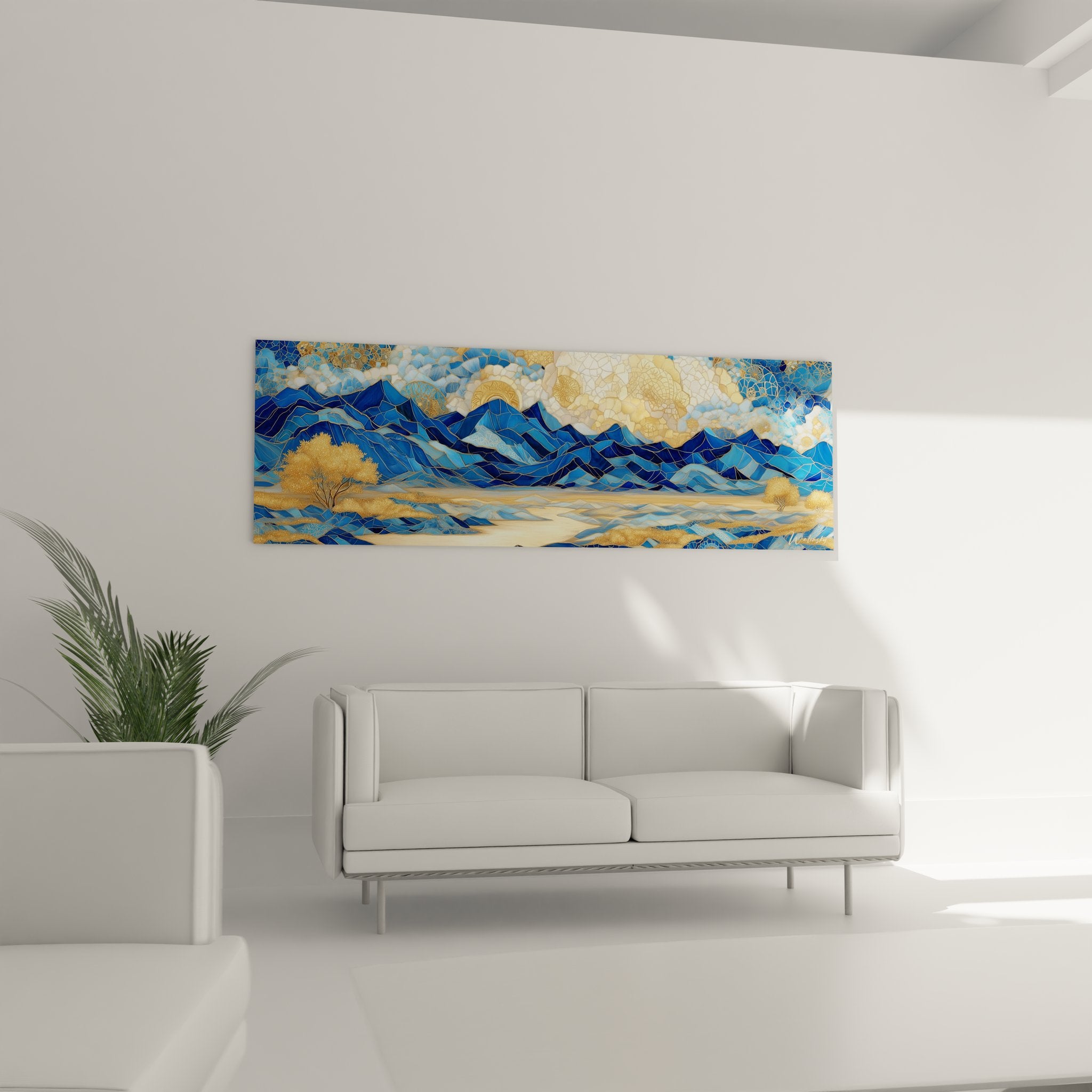 Détail gros plan tableau mosaïque géométrique paysage désert fragments dorés bleus technique artistique moderne