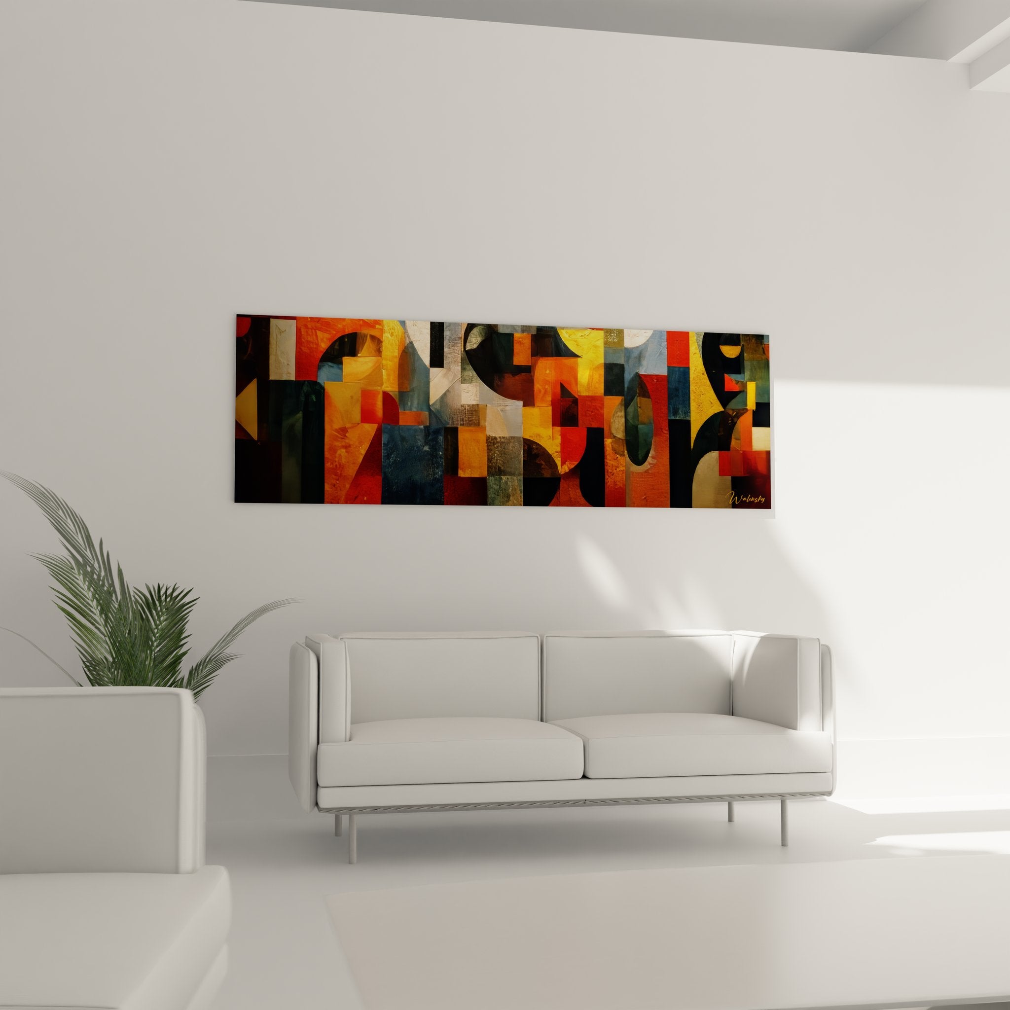 Détail gros plan tableau abstrait africain, textures géométriques colorées et motifs traditionnels contemporains