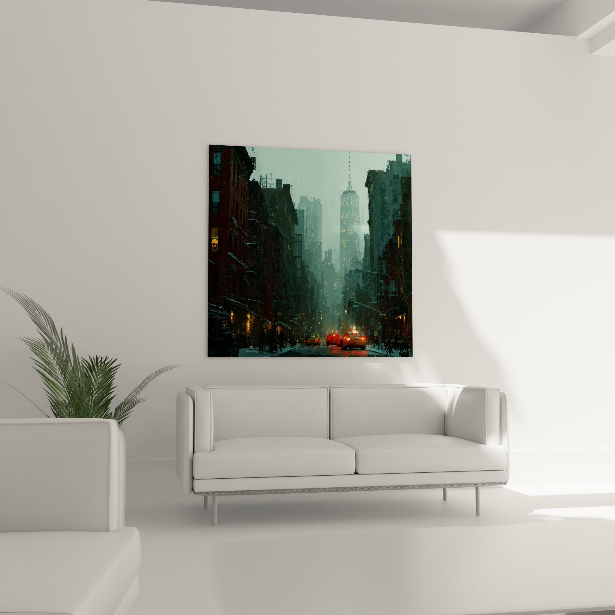 Détail tableau New York pluie montrant technique picturale et reflets lumineux sur asphalte mouillé