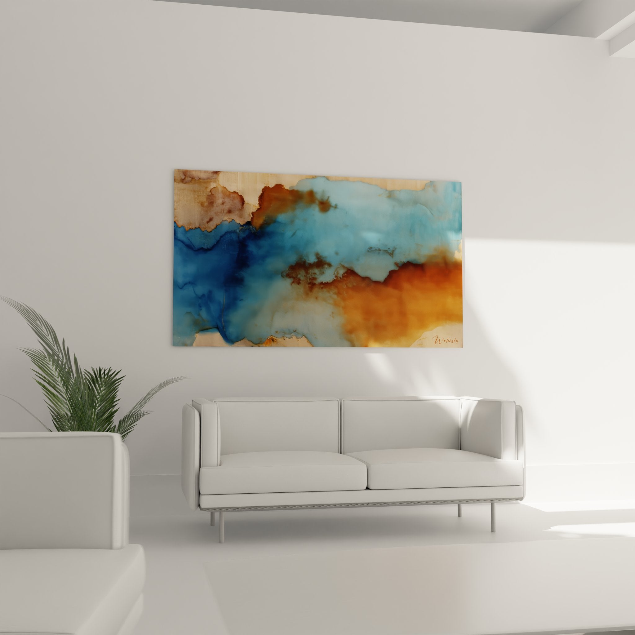 Détail gros plan tableau nuages abstraits texture fluide couleurs bleu orange peinture moderne