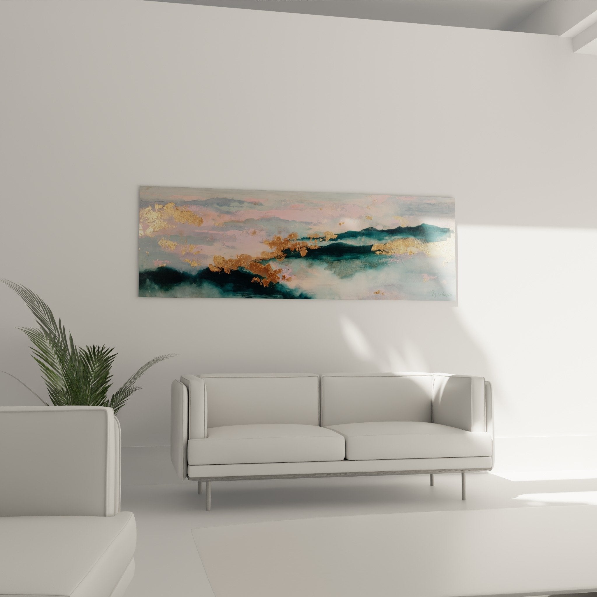 Détail tableau abstrait nuages dorés rose nacré bleu canard texture aquarelle feng shui décoration murale
