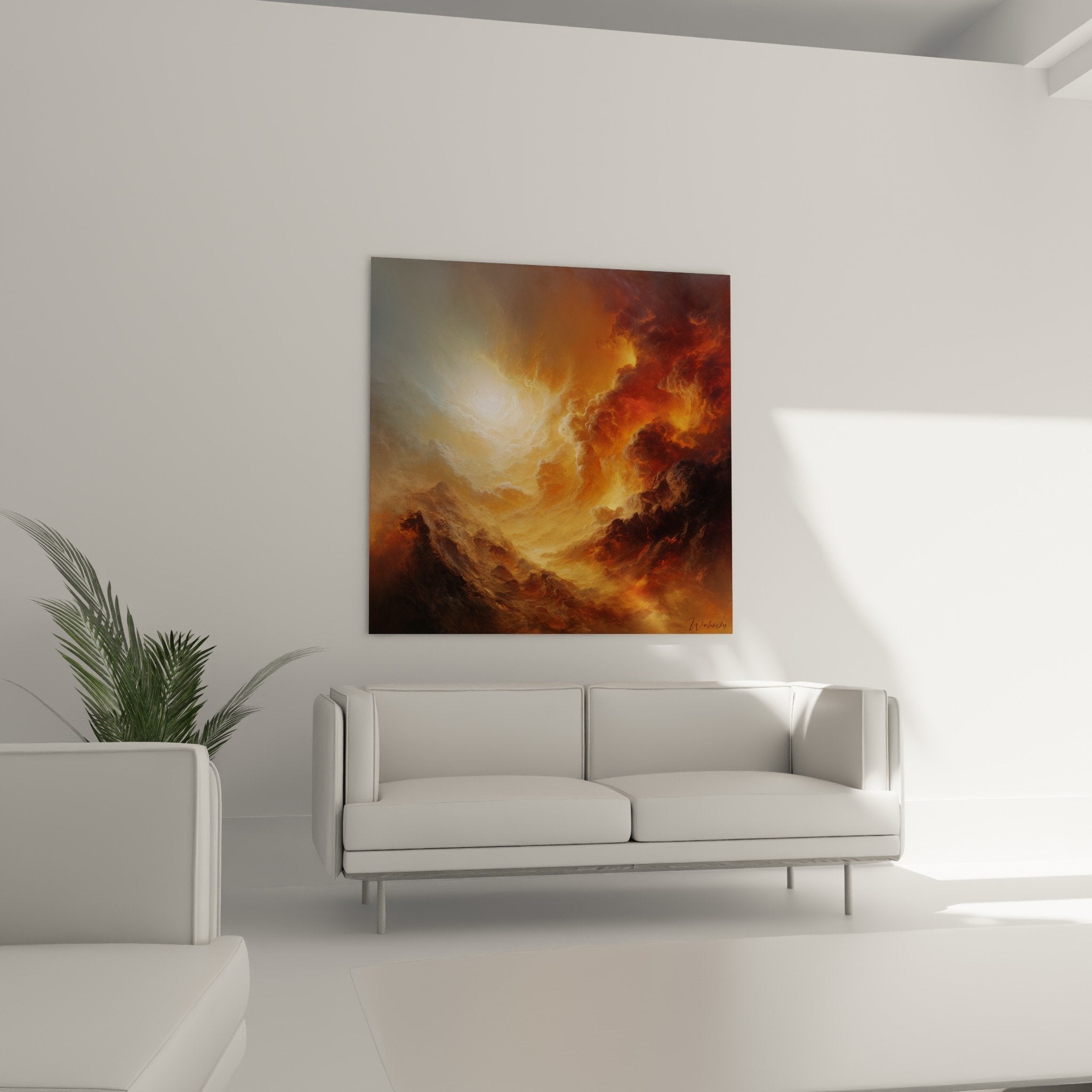Détail rapproché tableau nuages orange textures empâtement lumière dorée technique picturale feng shui feu