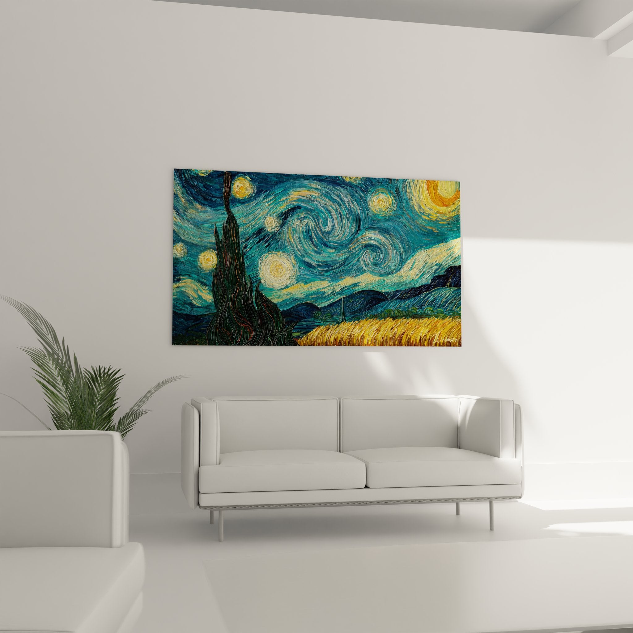 Détail gros plan tableau nuit étoilée montrant texture tourbillons et étoiles brillantes dorées