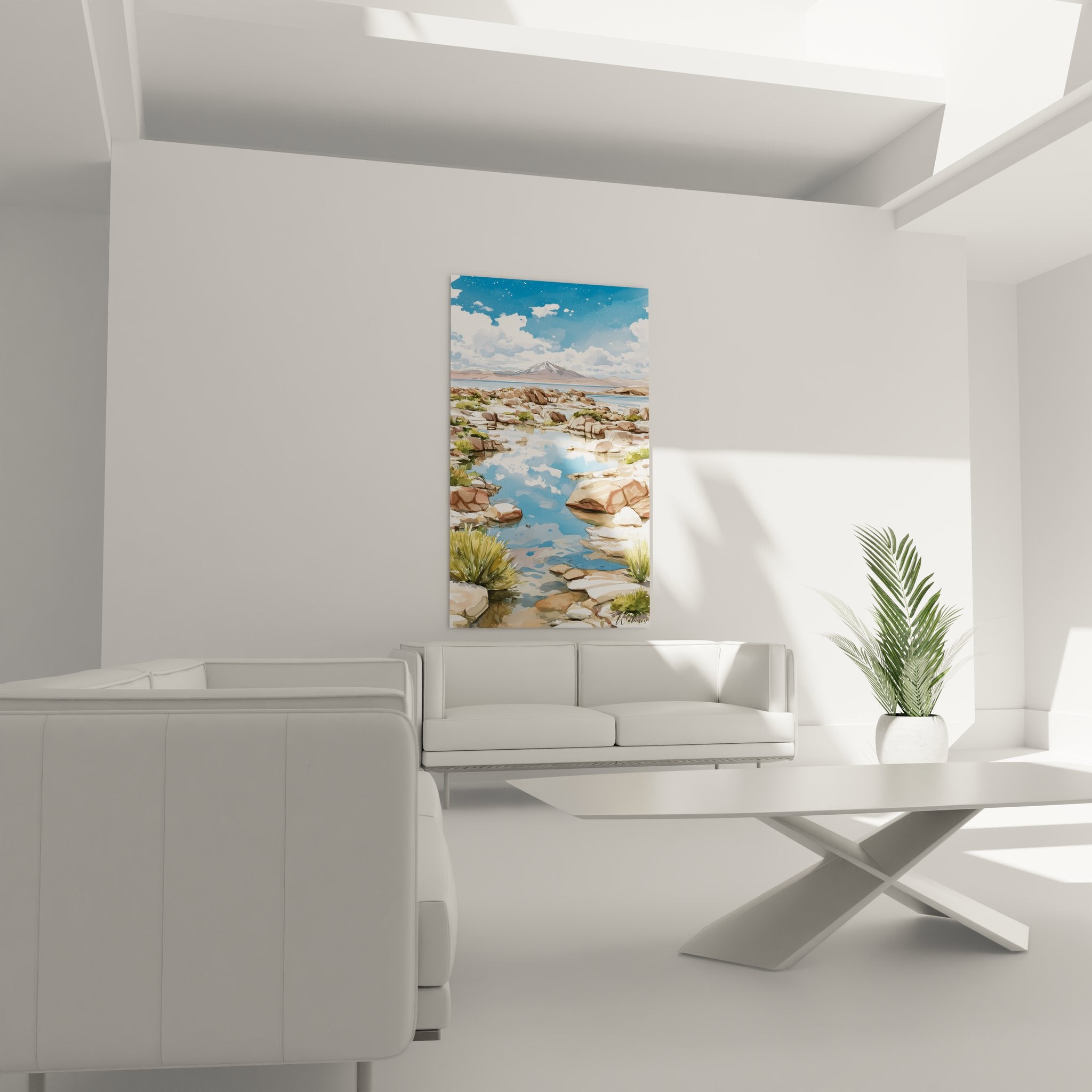 Gros plan détail tableau oasis rocheuse montrant reflets du ciel dans l'eau cristalline