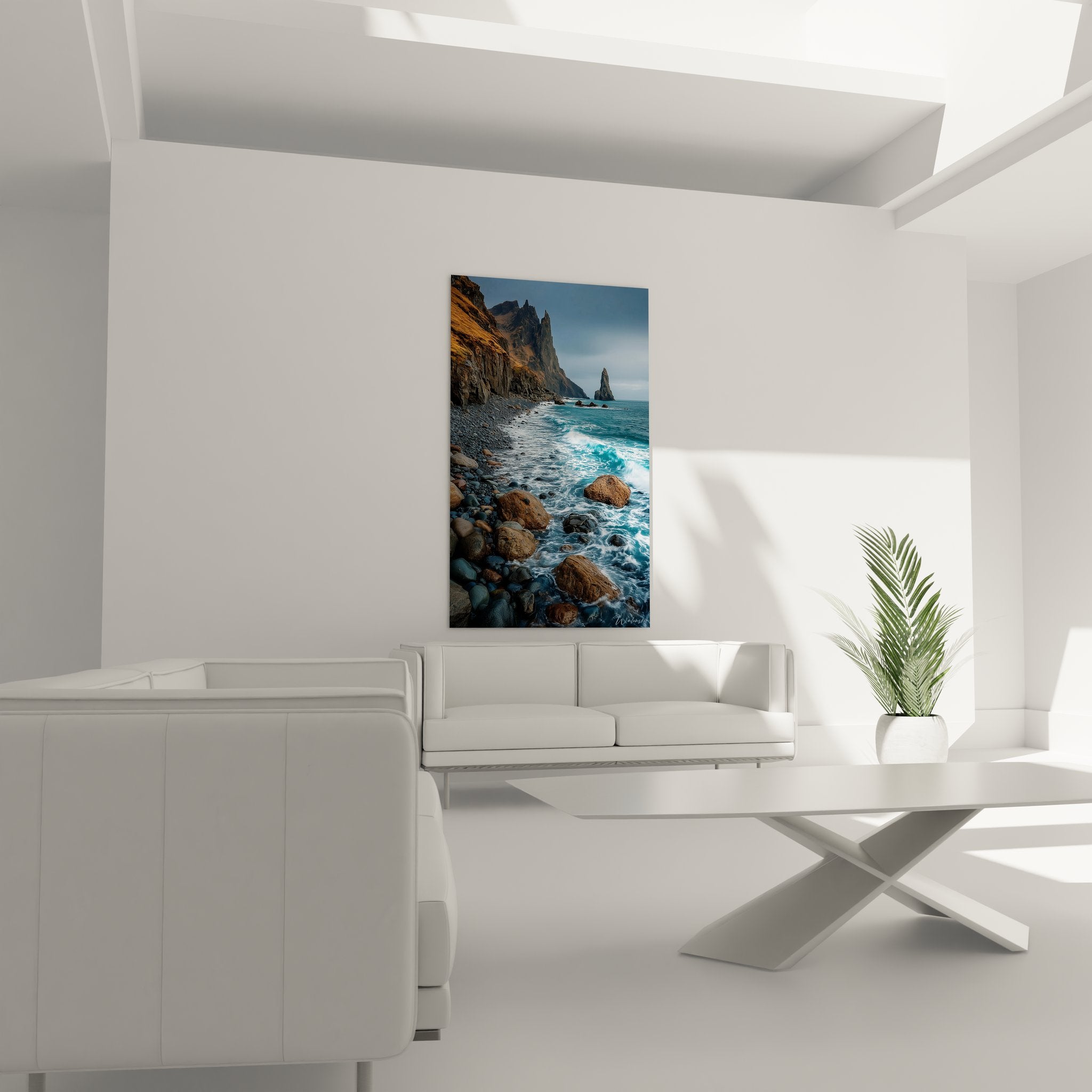 Détail tableau océan sauvage textures rochers galets et vagues écumantes réalistes