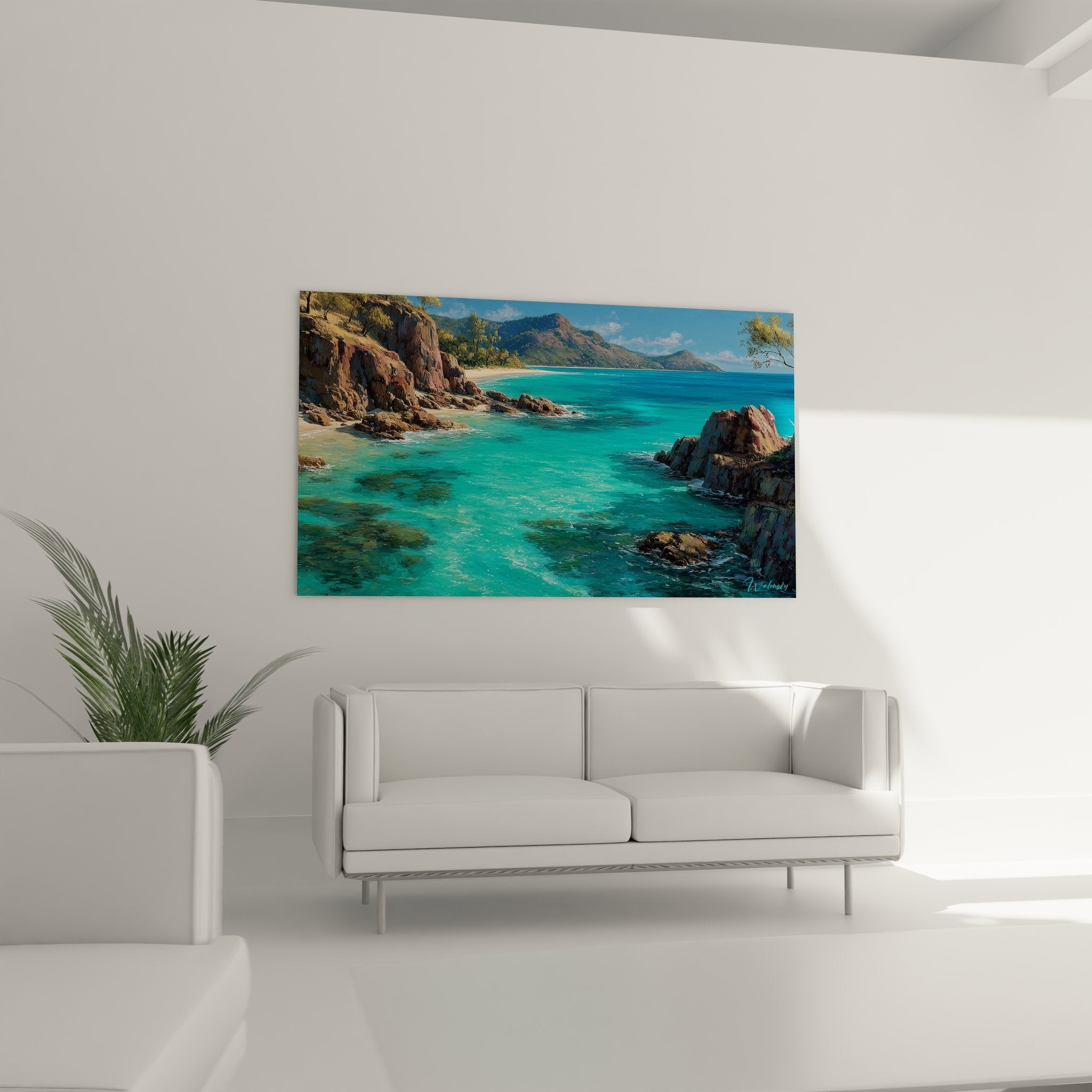 Détail tableau paysage marin montrant les nuances turquoise et les formations rocheuses côtières