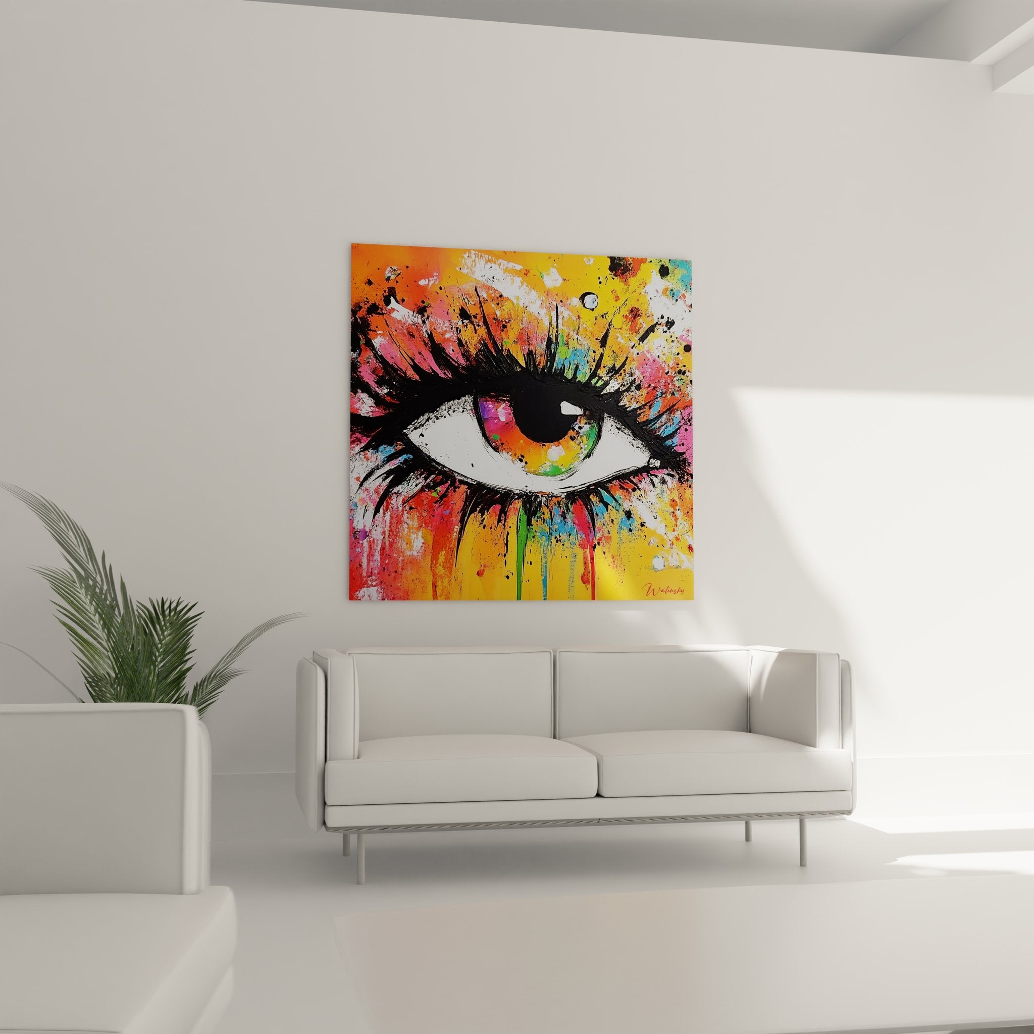 Détail gros plan tableau œil abstrait, iris multicolore et technique peinture gestuelle