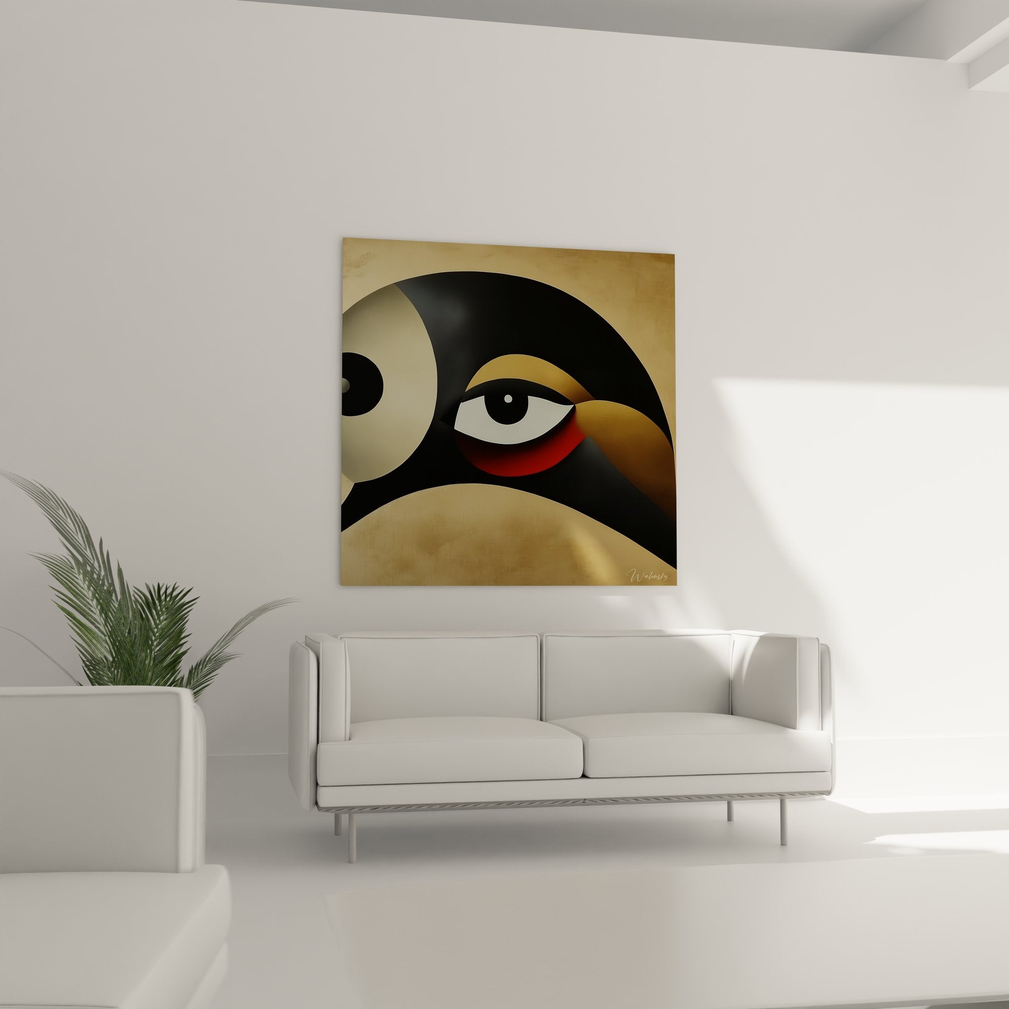 Gros plan détail tableau géométrique abstrait oiseau montrant textures et nuances colorées sophistiquées